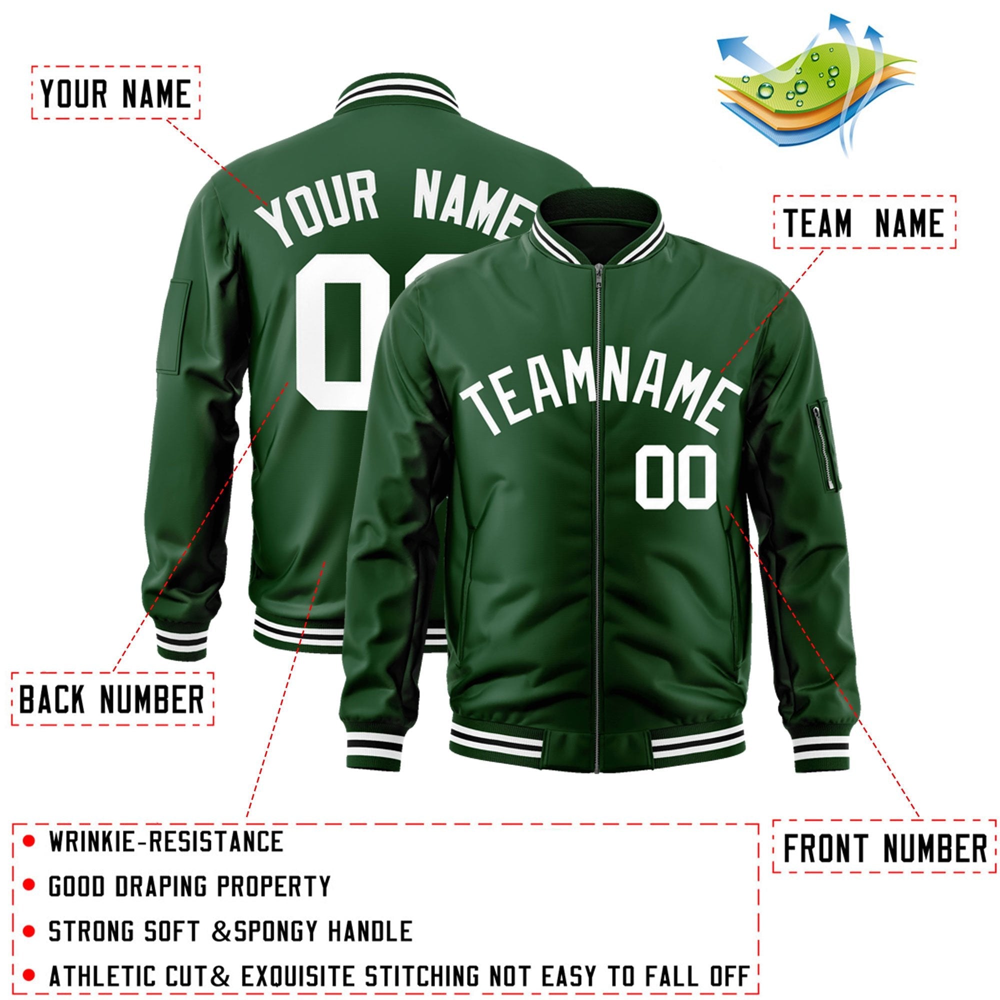 Custom Green White Varsity Full-Zip Letterman Bomber Jacket