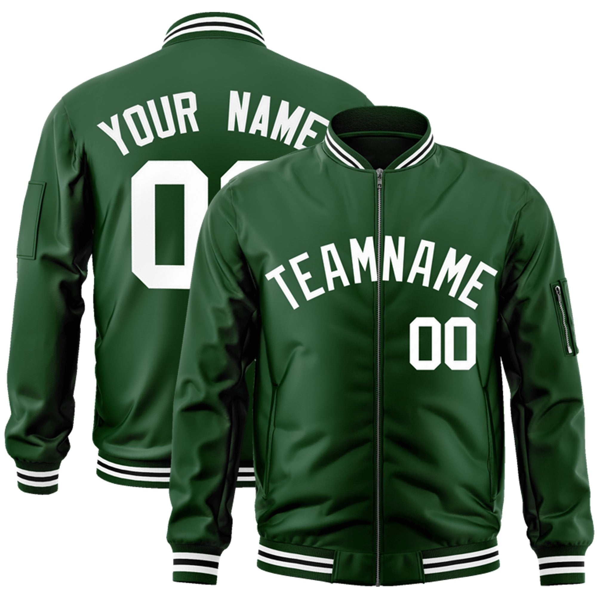 Custom Green White Varsity Full-Zip Letterman Bomber Jacket