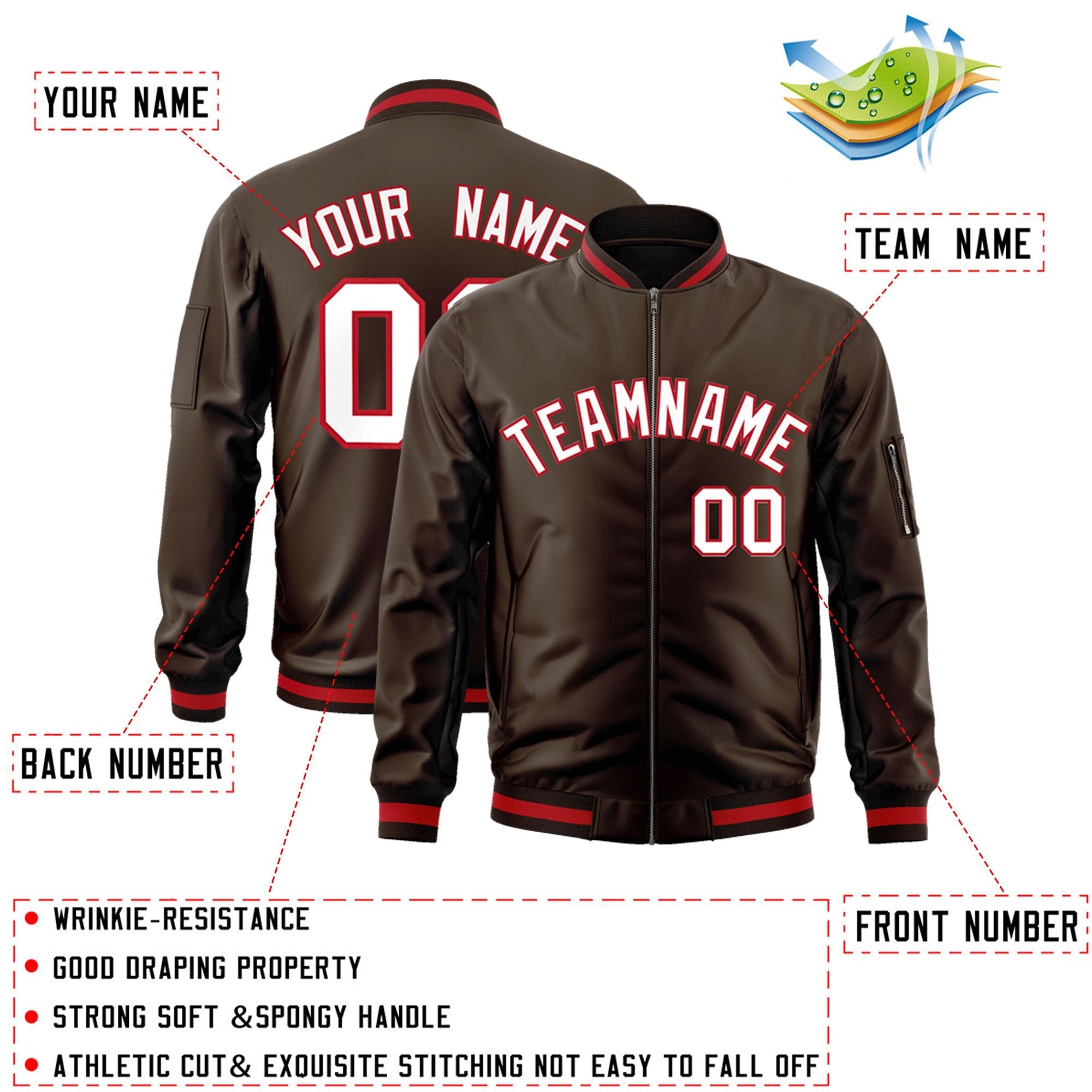 Custom Brown White-Red Varsity Full-Zip Letterman Bomber Jacket