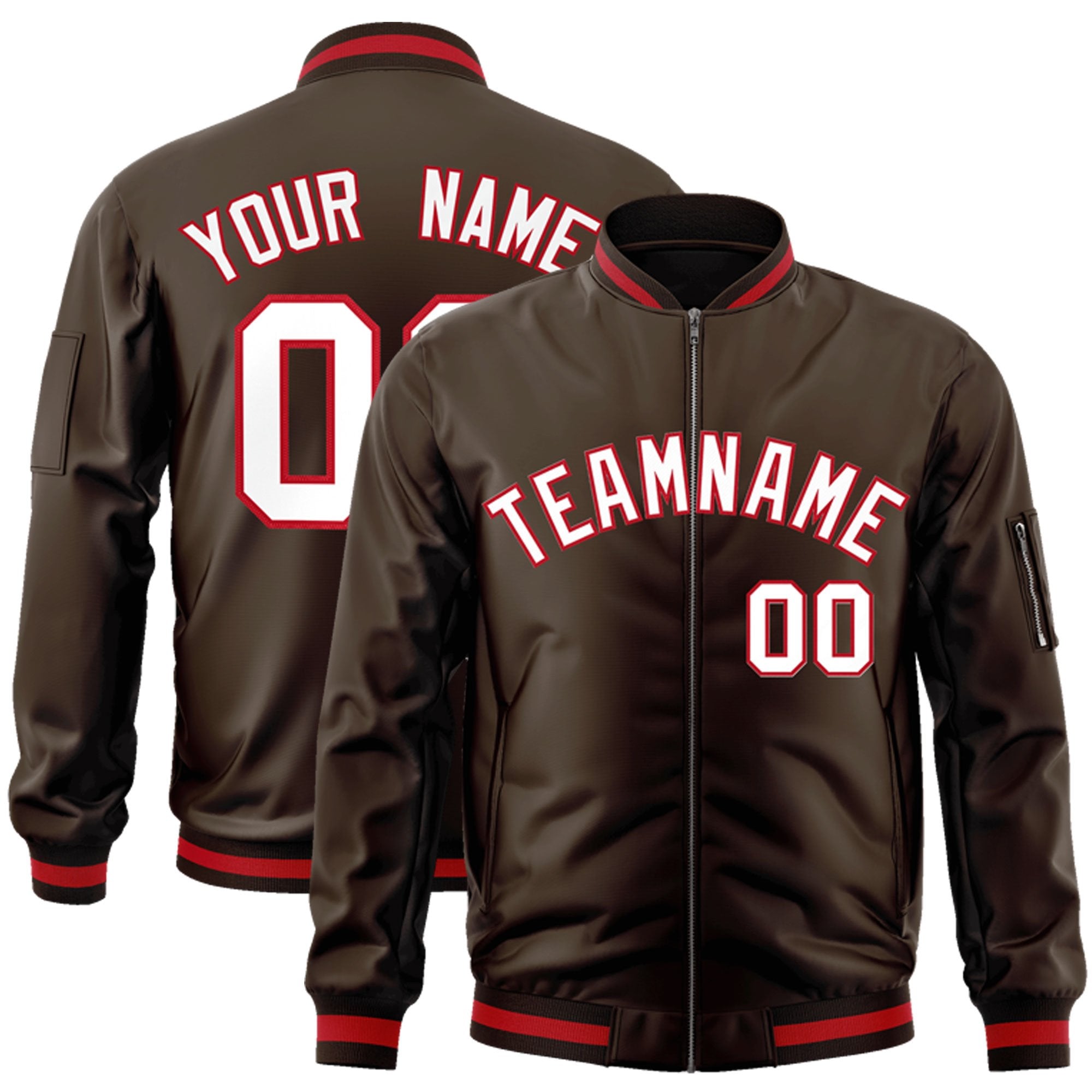 Custom Brown White-Red Varsity Full-Zip Letterman Bomber Jacket