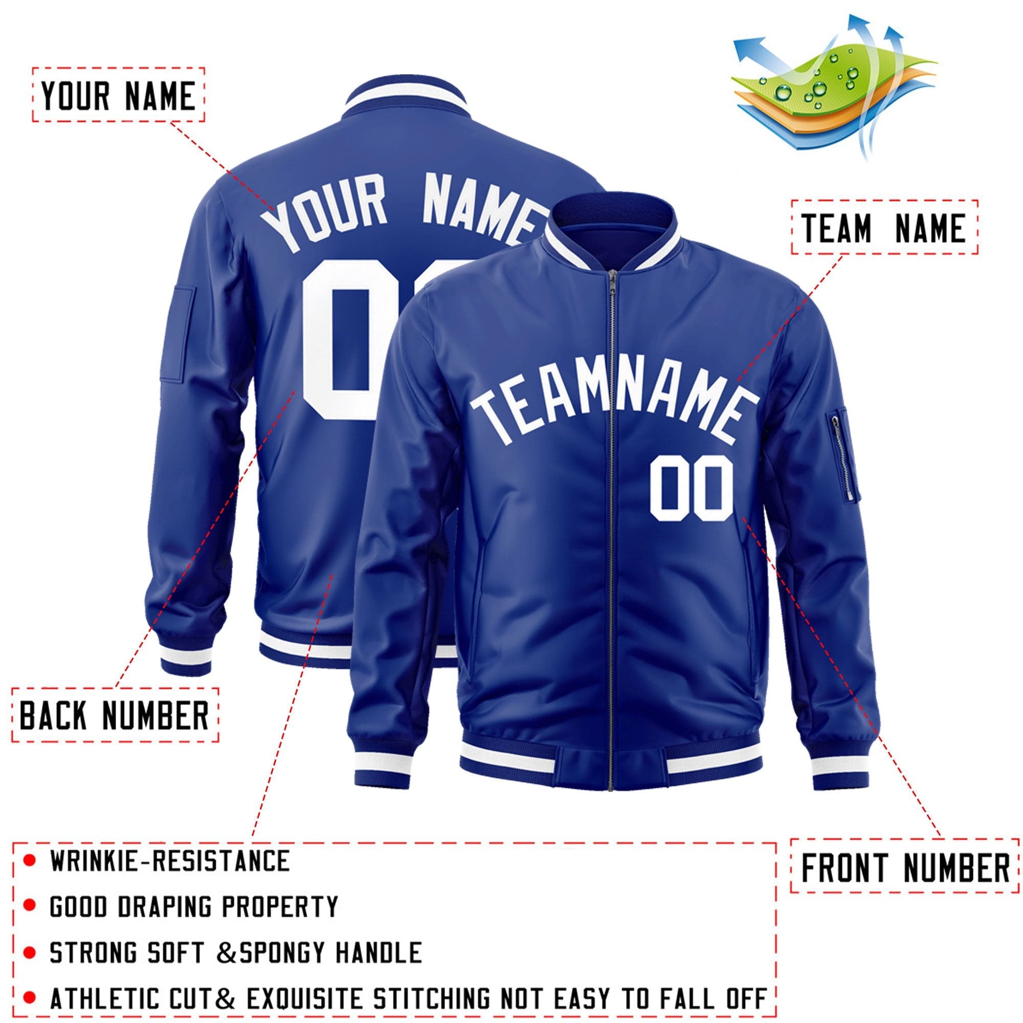 Custom Royal White Varsity Full-Zip Letterman Bomber Jacket