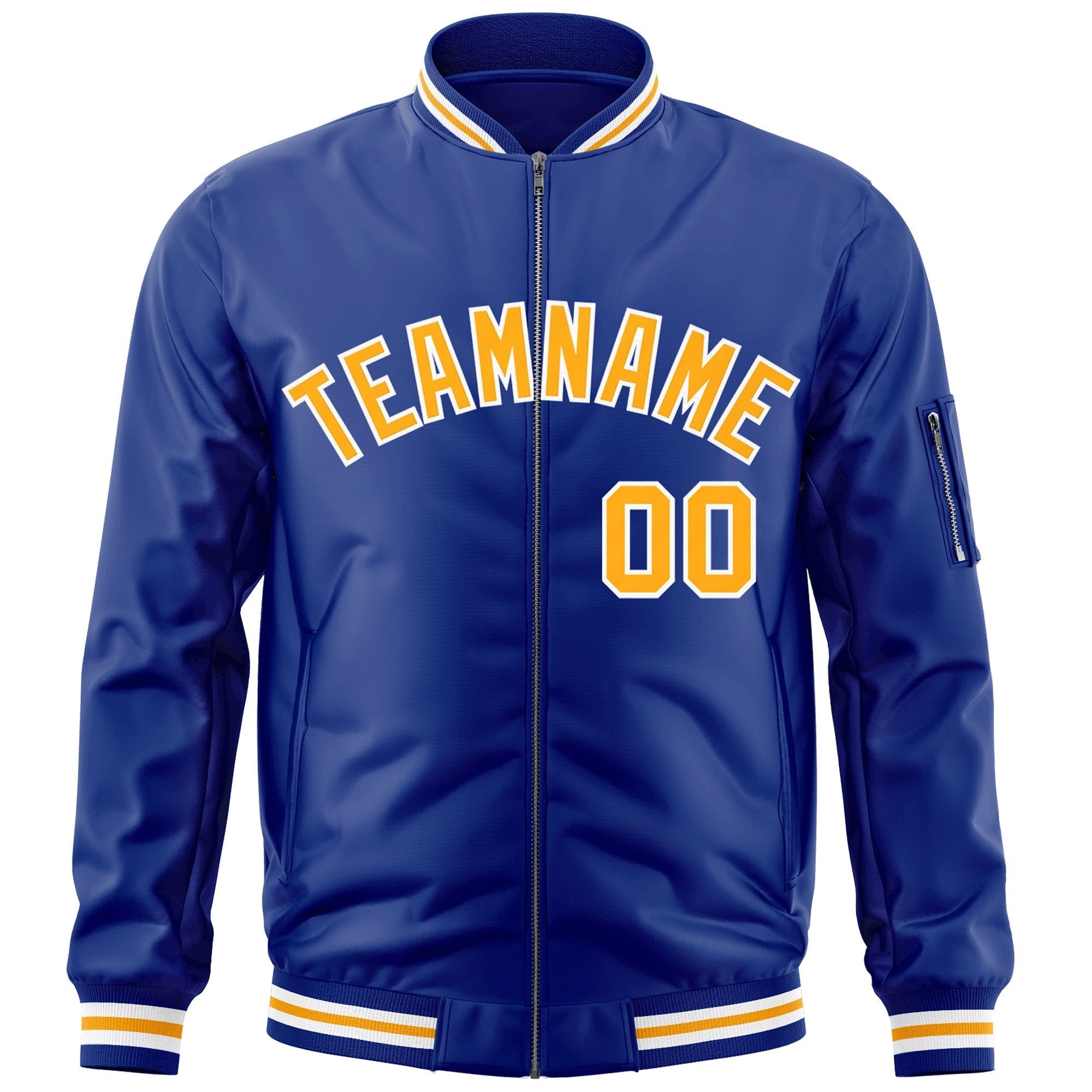 Custom Royal Gold-White Varsity Full-Zip Letterman Bomber Jacket