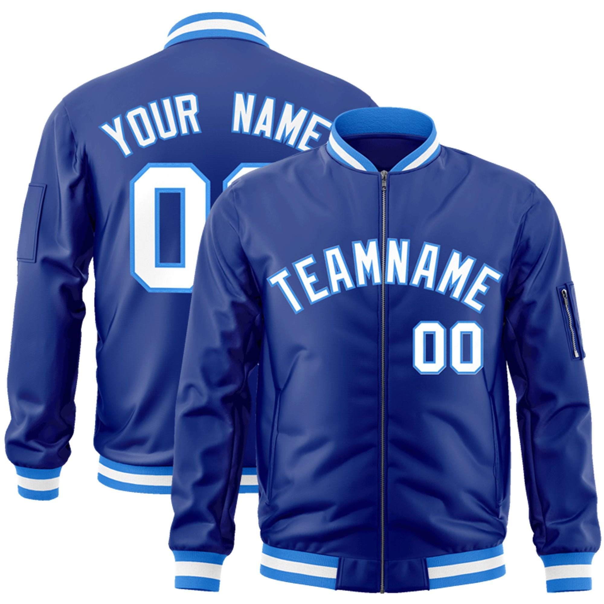 Custom Royal White-Powder Blue Varsity Full-Zip Letterman Bomber Jacket