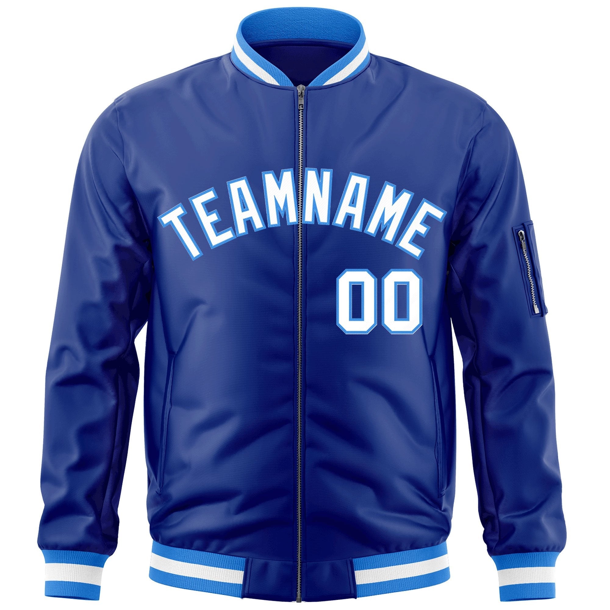 Custom Royal White-Powder Blue Varsity Full-Zip Letterman Bomber Jacket