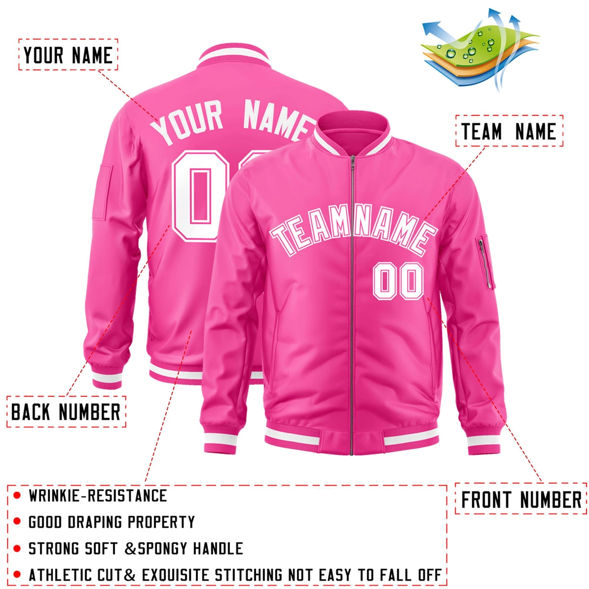 Custom Pink White Varsity Full-Zip Letterman Bomber Jacket