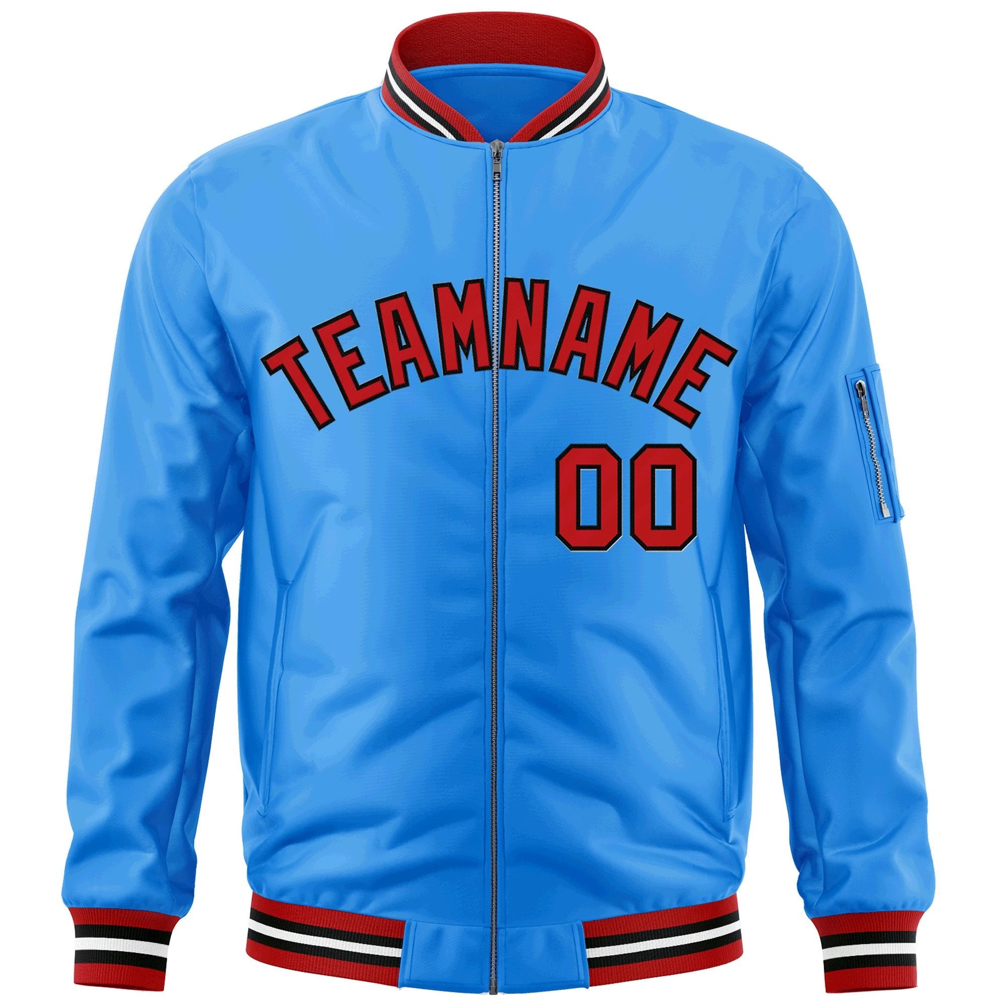 Custom Powder Blue Red-Black Varsity Full-Zip Letterman Bomber Jacket