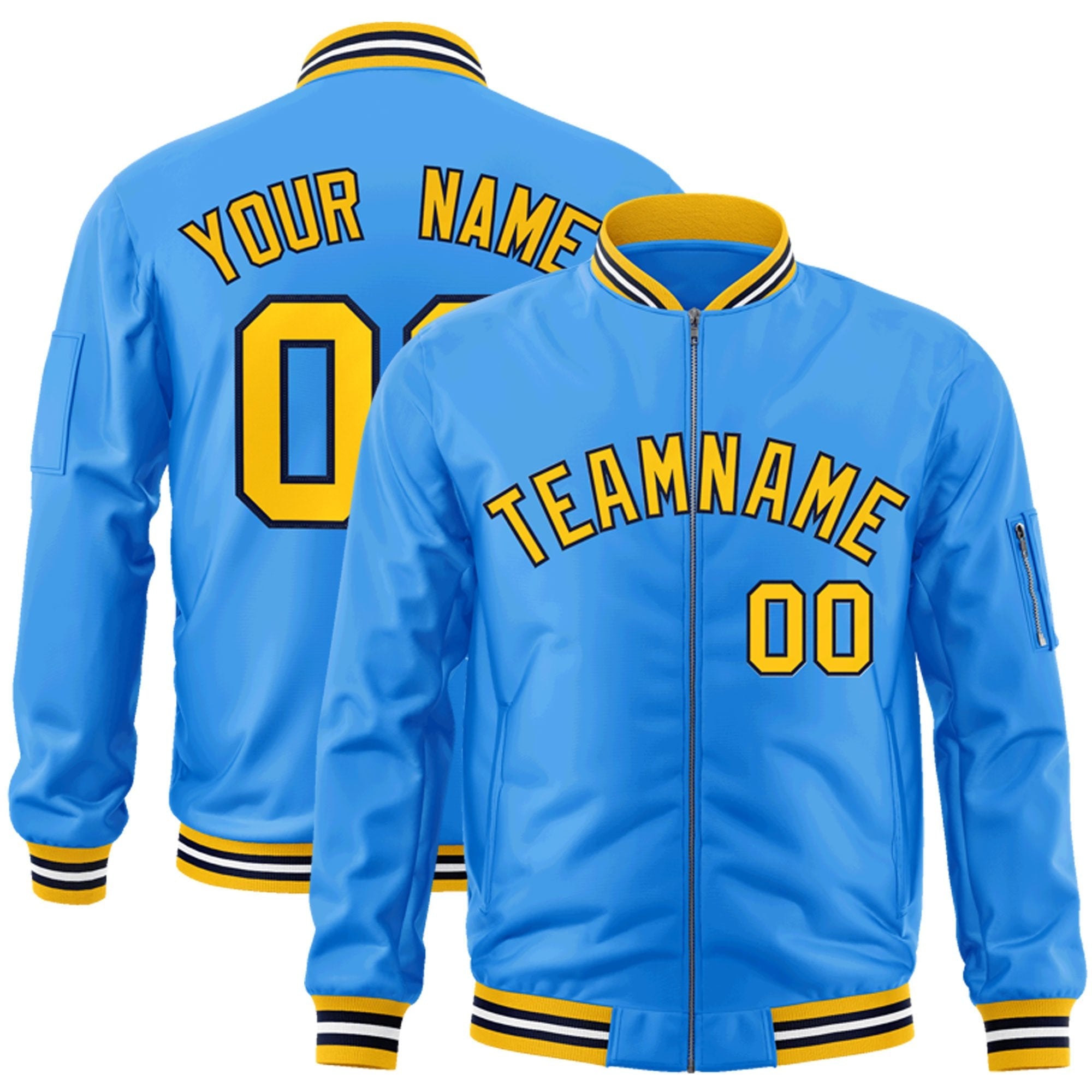 Custom Powder Blue Gold-Black Varsity Full-Zip Letterman Bomber Jacket