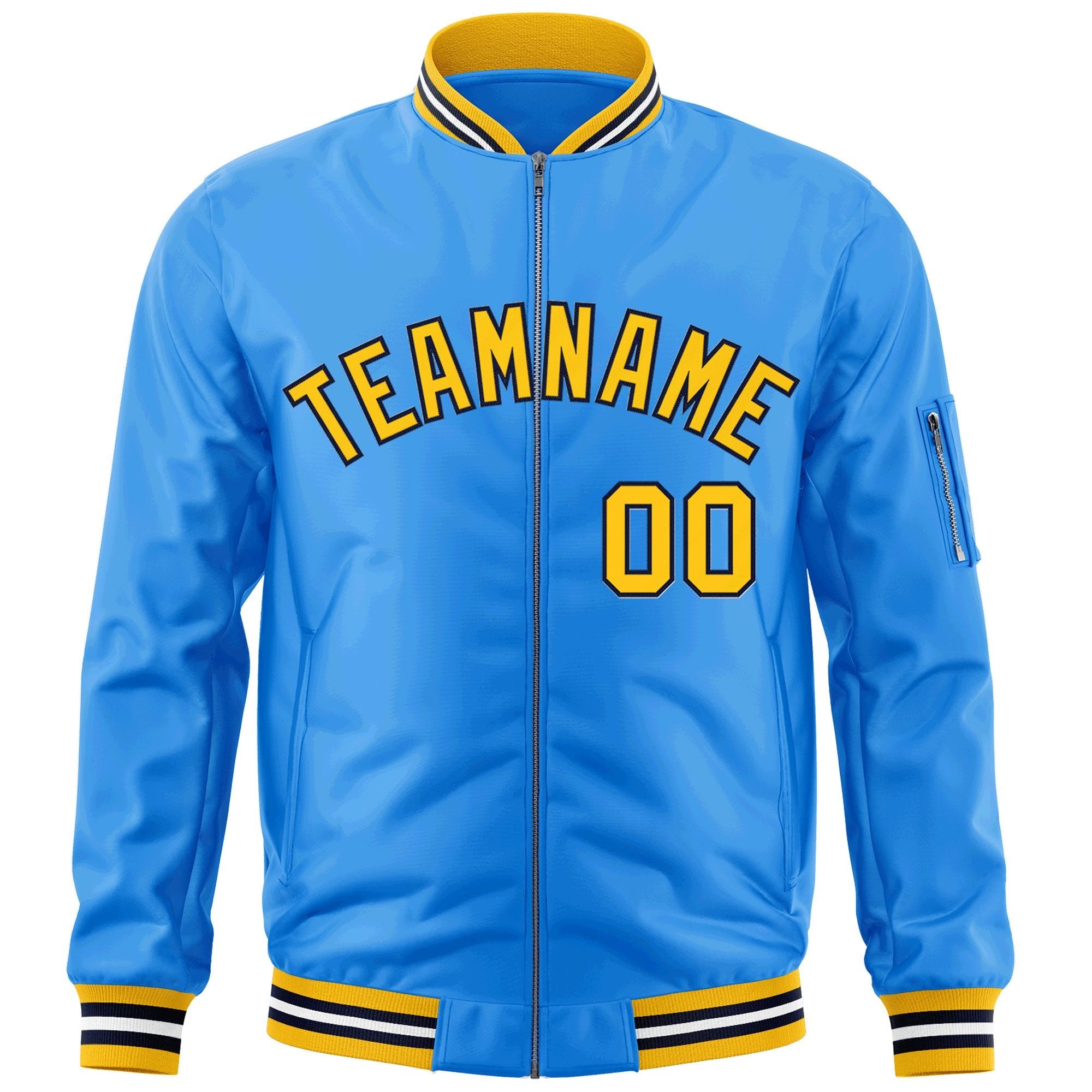 Custom Powder Blue Gold-Black Varsity Full-Zip Letterman Bomber Jacket