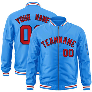 Custom Powder Blue Red-Navy Varsity Full-Zip Letterman Bomber Jacket