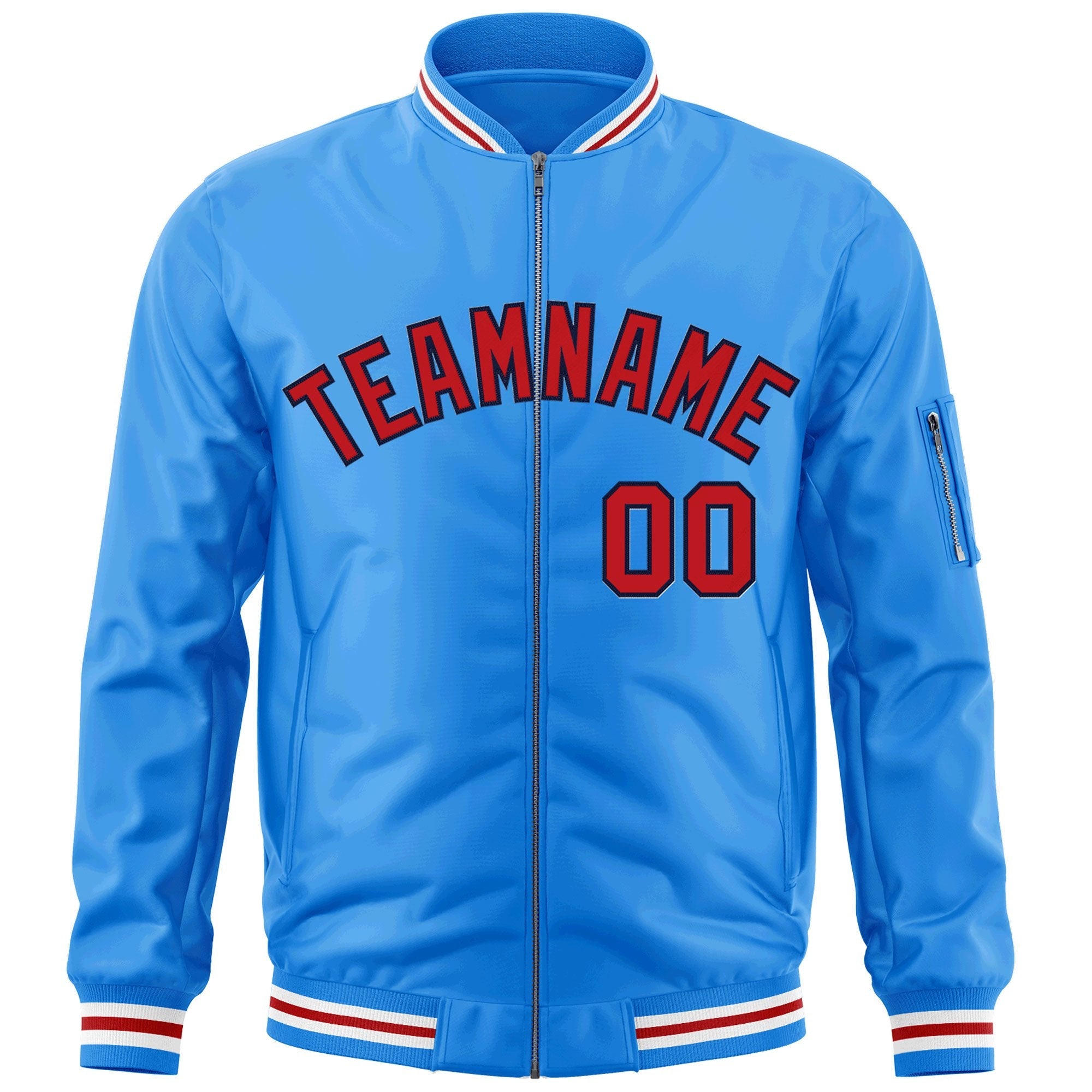 Custom Powder Blue Red-Navy Varsity Full-Zip Letterman Bomber Jacket