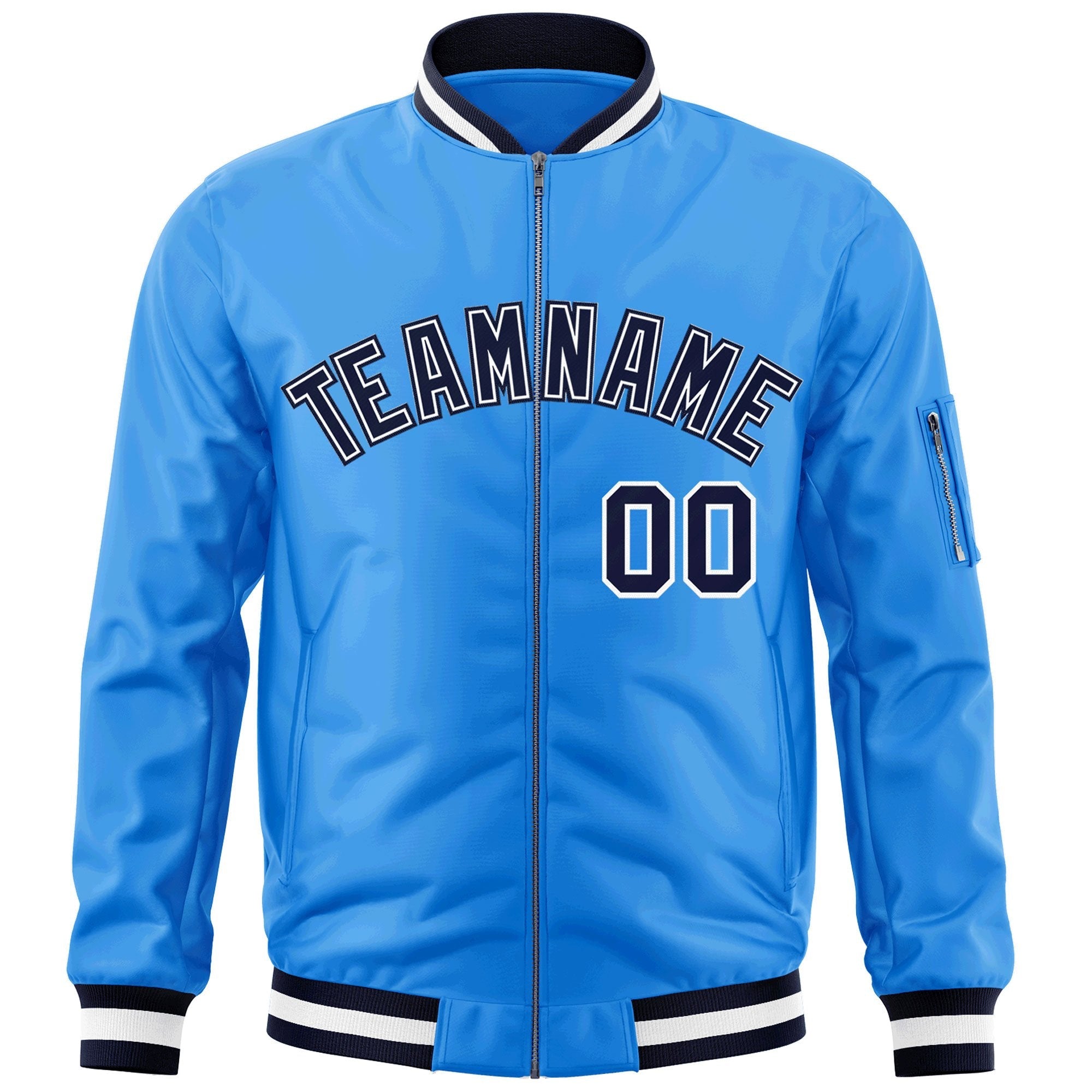 Custom Powder Blue Navy-White Varsity Full-Zip Letterman Bomber Jacket