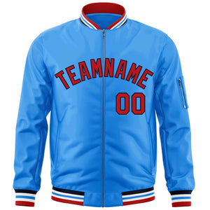 Custom Powder Blue Red-Navy Varsity Full-Zip Letterman Bomber Jacket