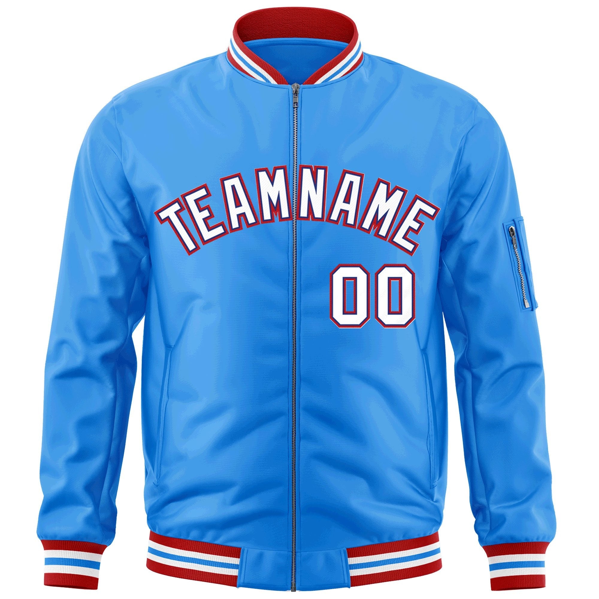 Custom Powder Blue White-Red Varsity Full-Zip Letterman Bomber Jacket