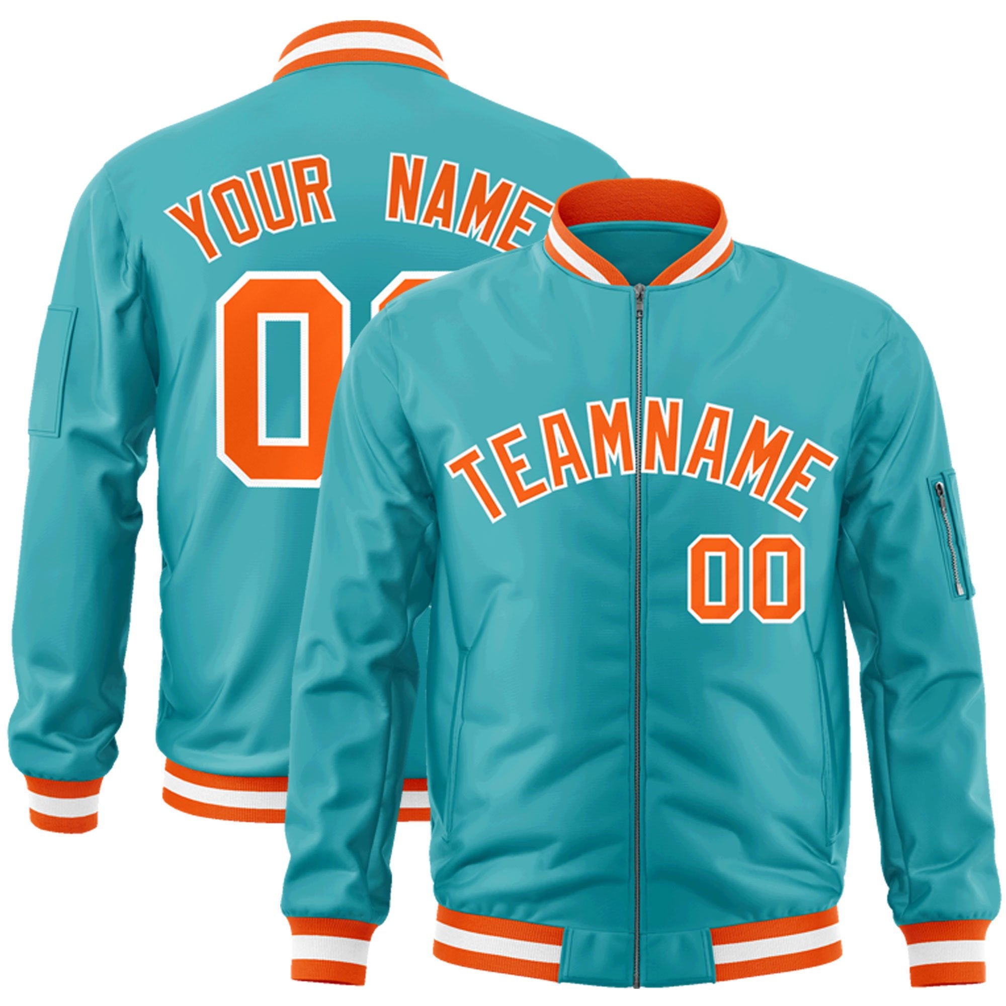 Custom Aqua Orange-White Varsity Full-Zip Letterman Bomber Jacket