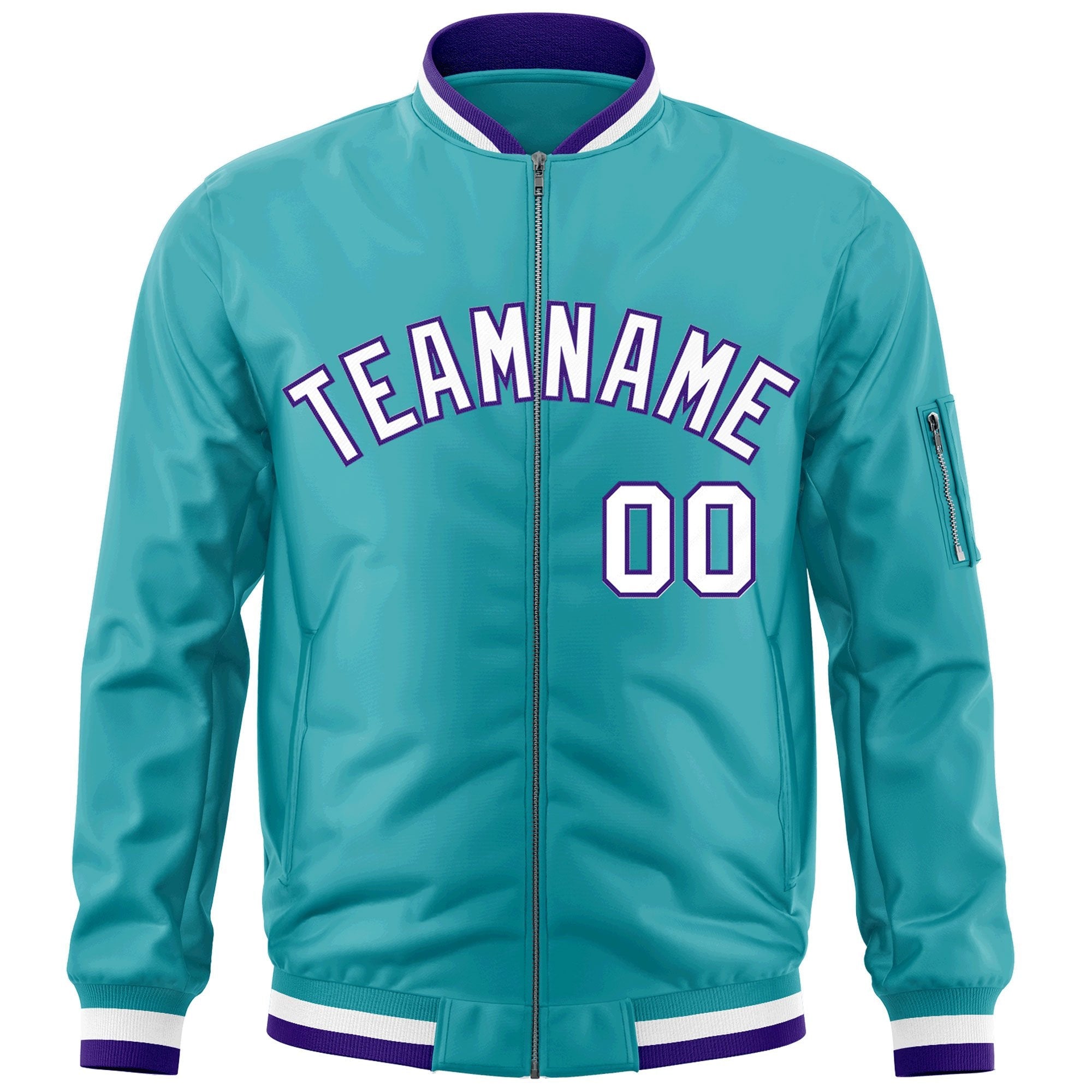 Custom Aqua White-Purple Varsity Full-Zip Letterman Bomber Jacket