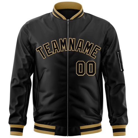 Custom Black Black-Old Gold Varsity Full-Zip Letterman Bomber Jacket