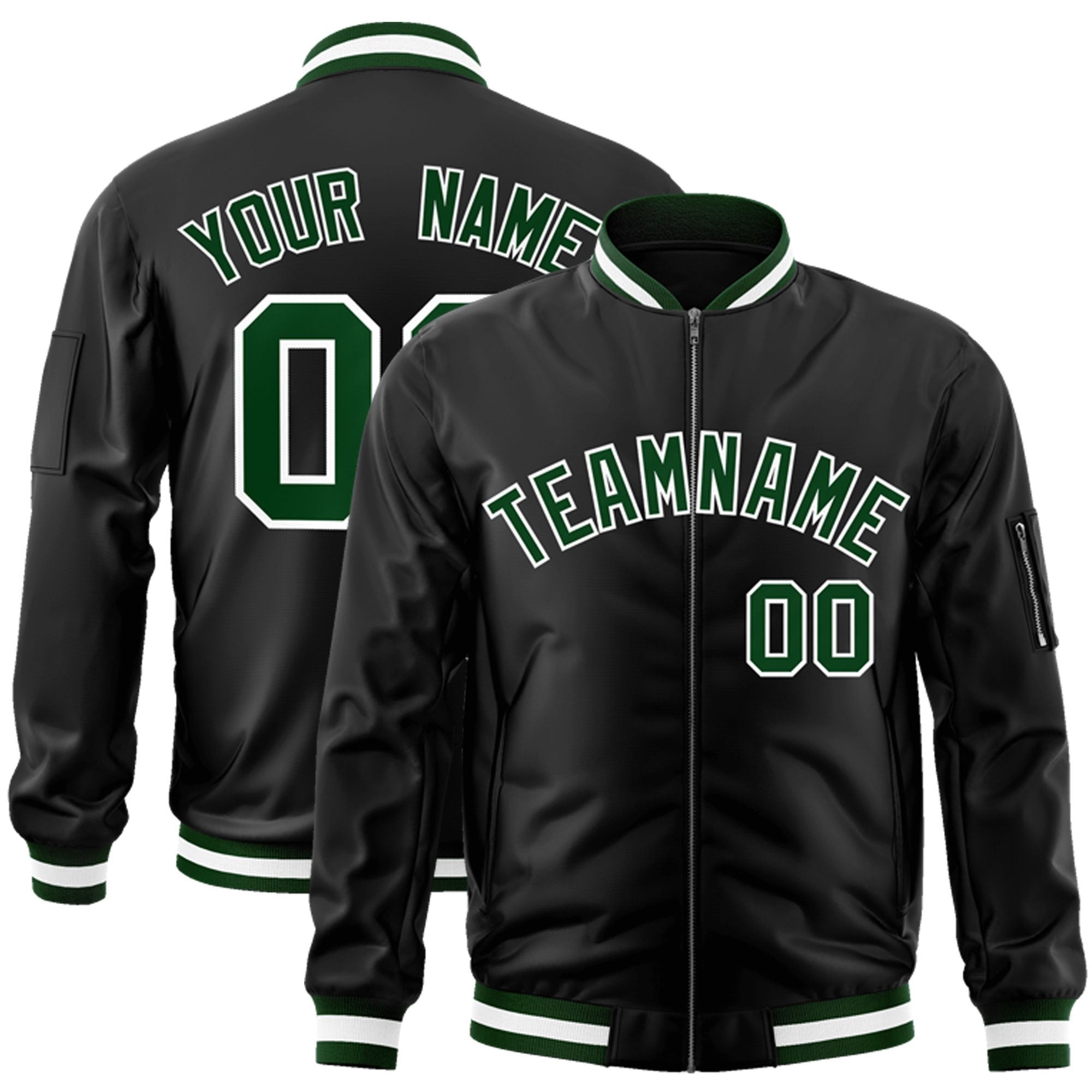 Custom Black Green-White Varsity Full-Zip Letterman Bomber Jacket