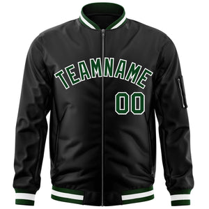 Custom Black Green-White Varsity Full-Zip Letterman Bomber Jacket