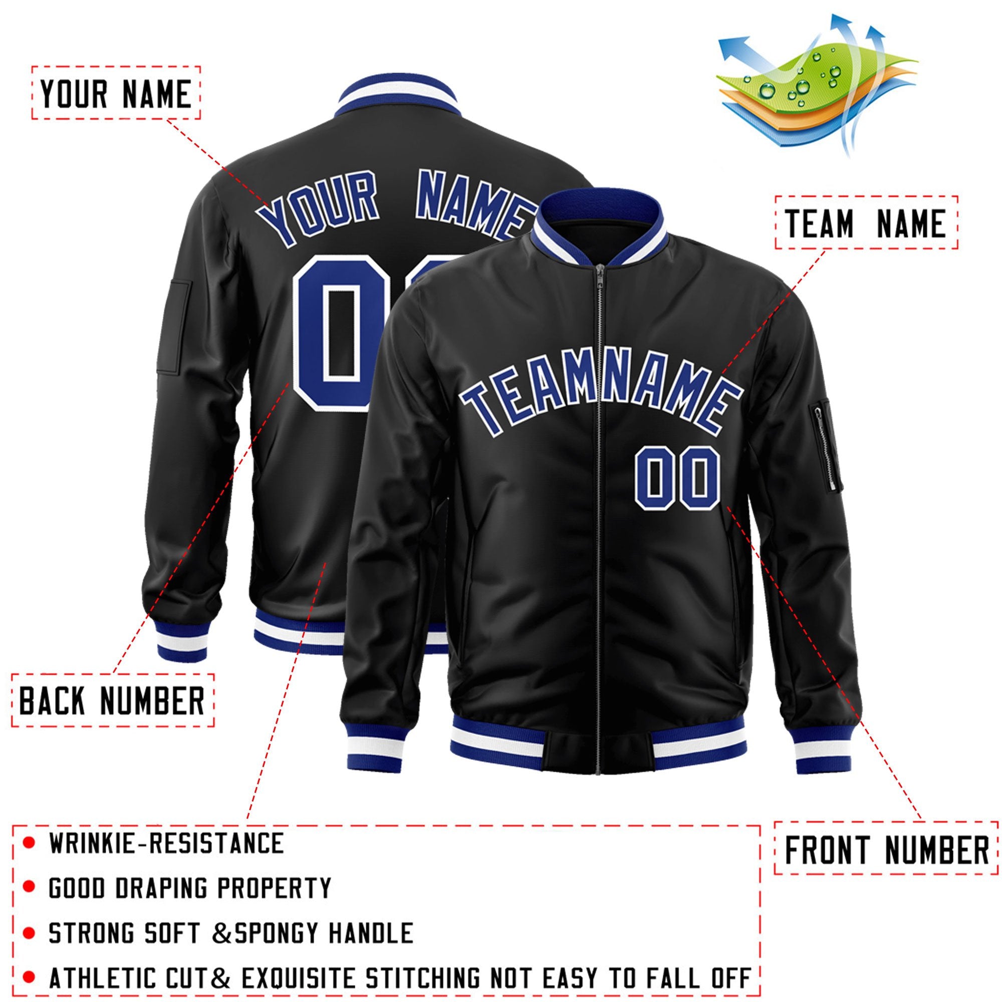 Custom Black Royal-White Varsity Full-Zip Letterman Bomber Jacket