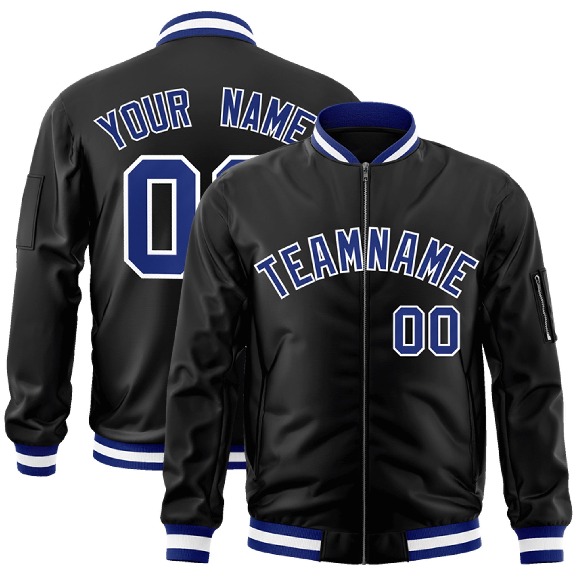 Custom Black Royal-White Varsity Full-Zip Letterman Bomber Jacket