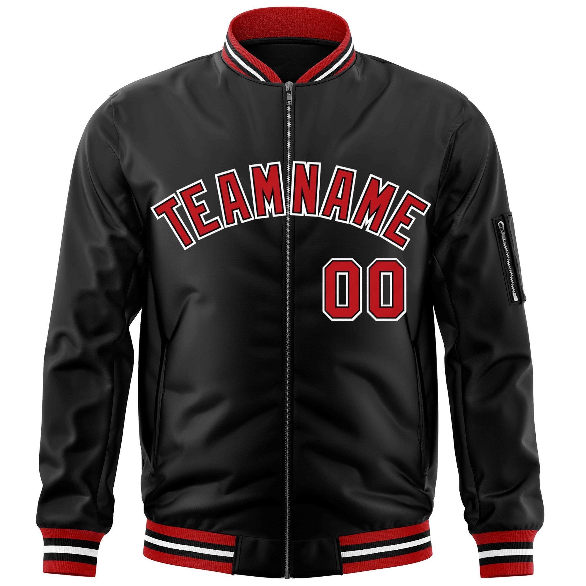 Custom Black Red-White Varsity Full-Zip Letterman Bomber Jacket