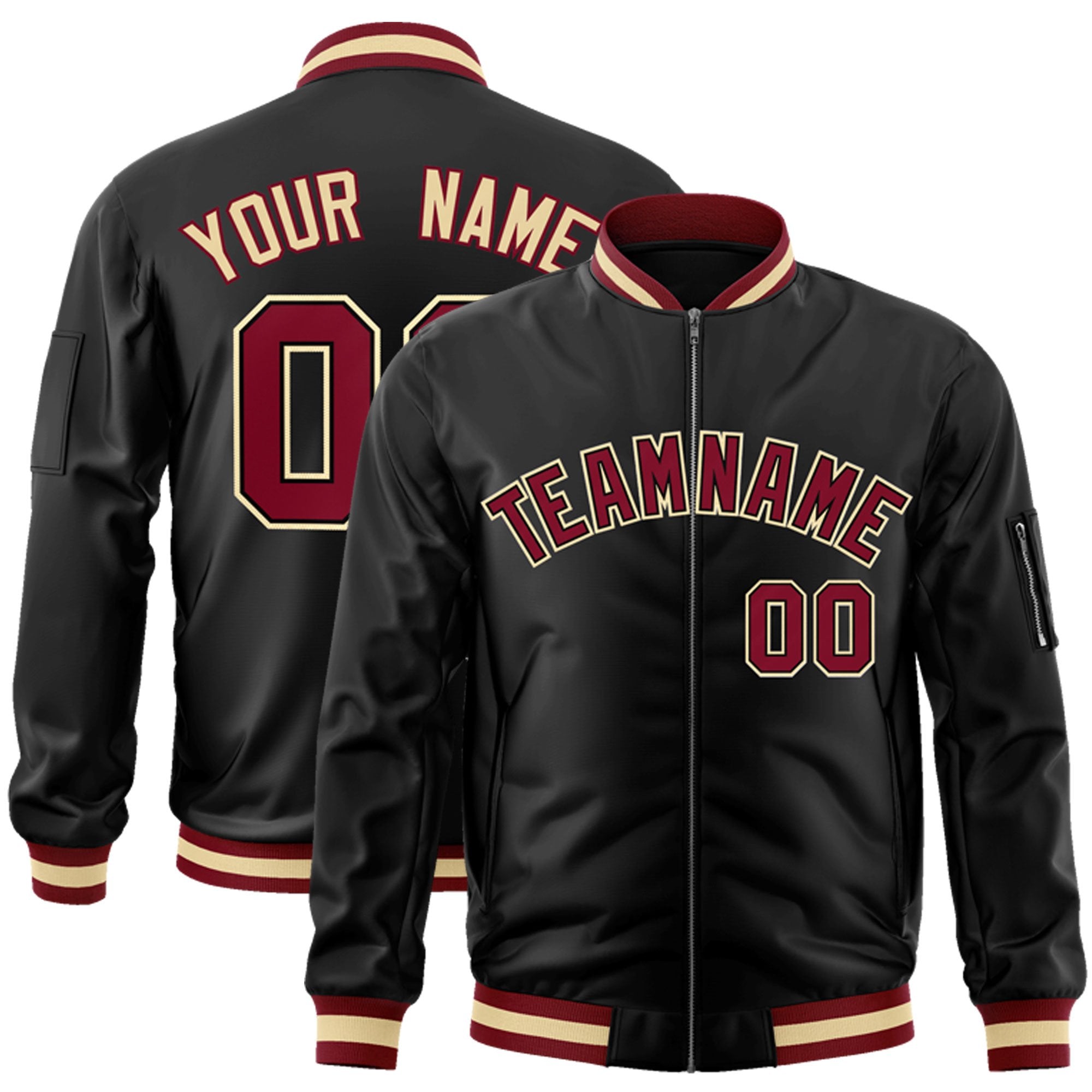 Custom Black Crimson-Black Varsity Full-Zip Letterman Bomber Jacket