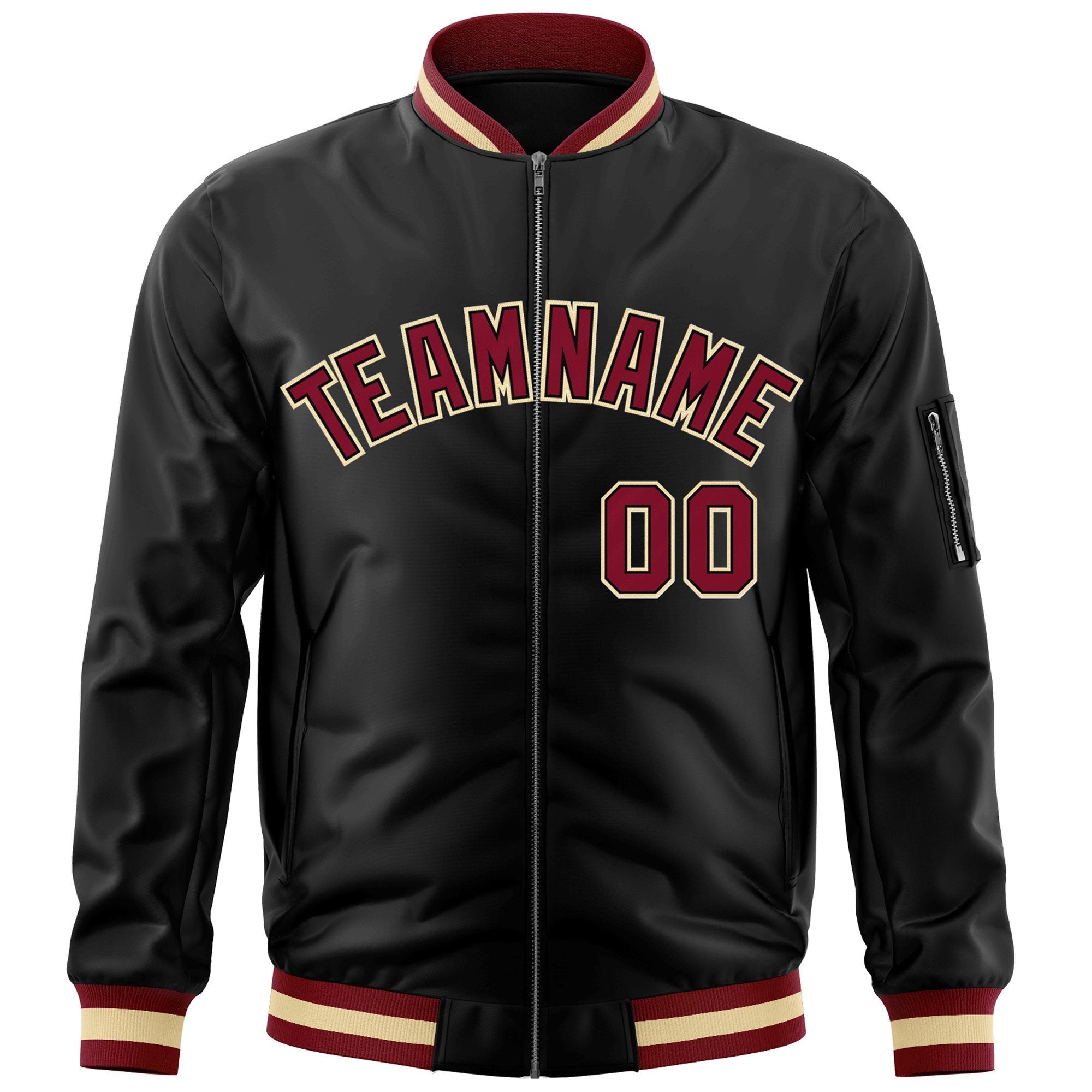 Custom Black Crimson-Black Varsity Full-Zip Letterman Bomber Jacket