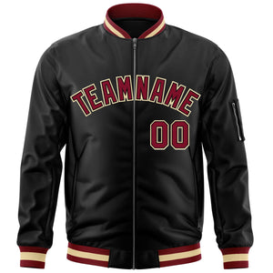 Custom Black Crimson-Black Varsity Full-Zip Letterman Bomber Jacket