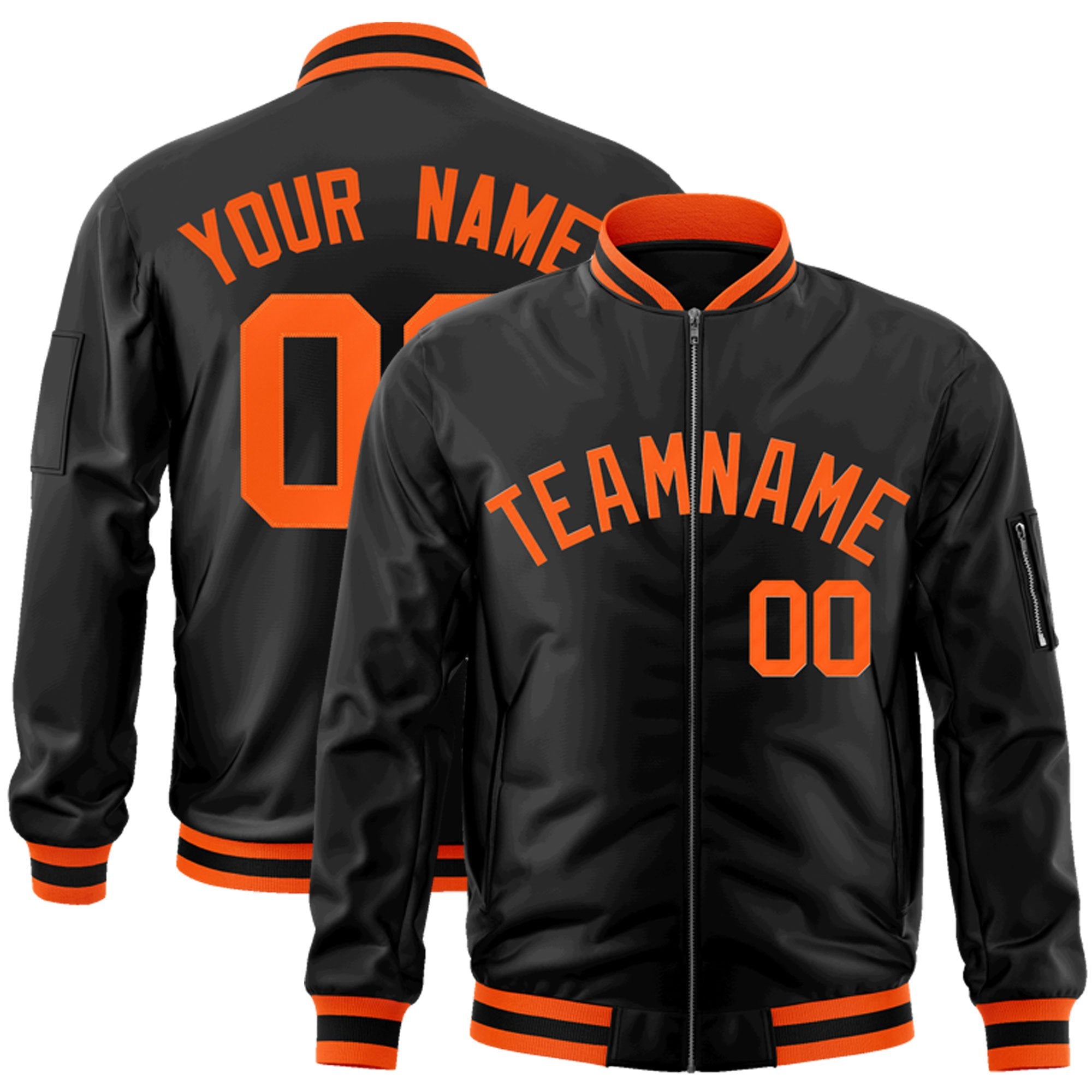 Custom Black Orange Varsity Full-Zip Letterman Bomber Jacket