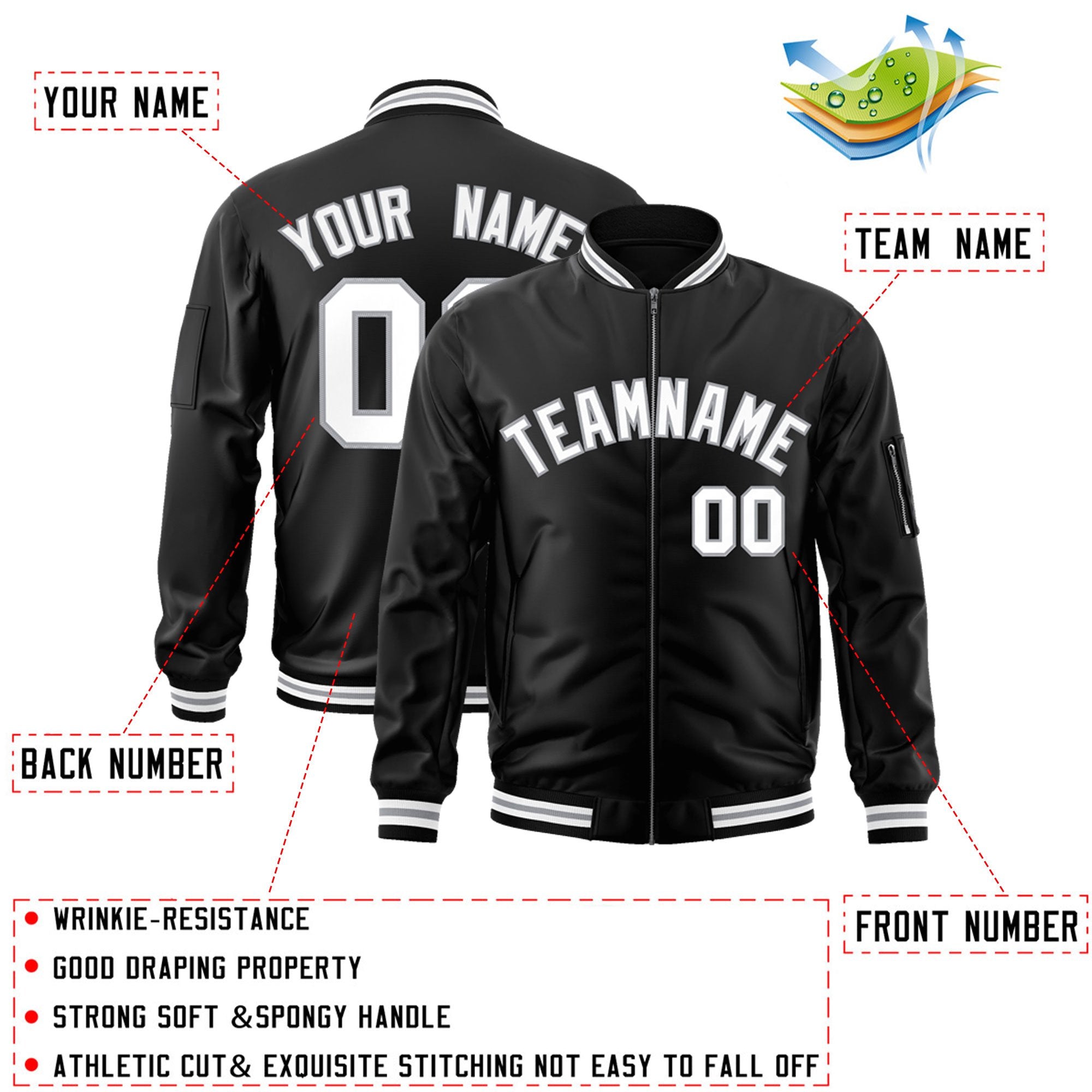 Custom Black White-Gray Varsity Full-Zip Letterman Bomber Jacket