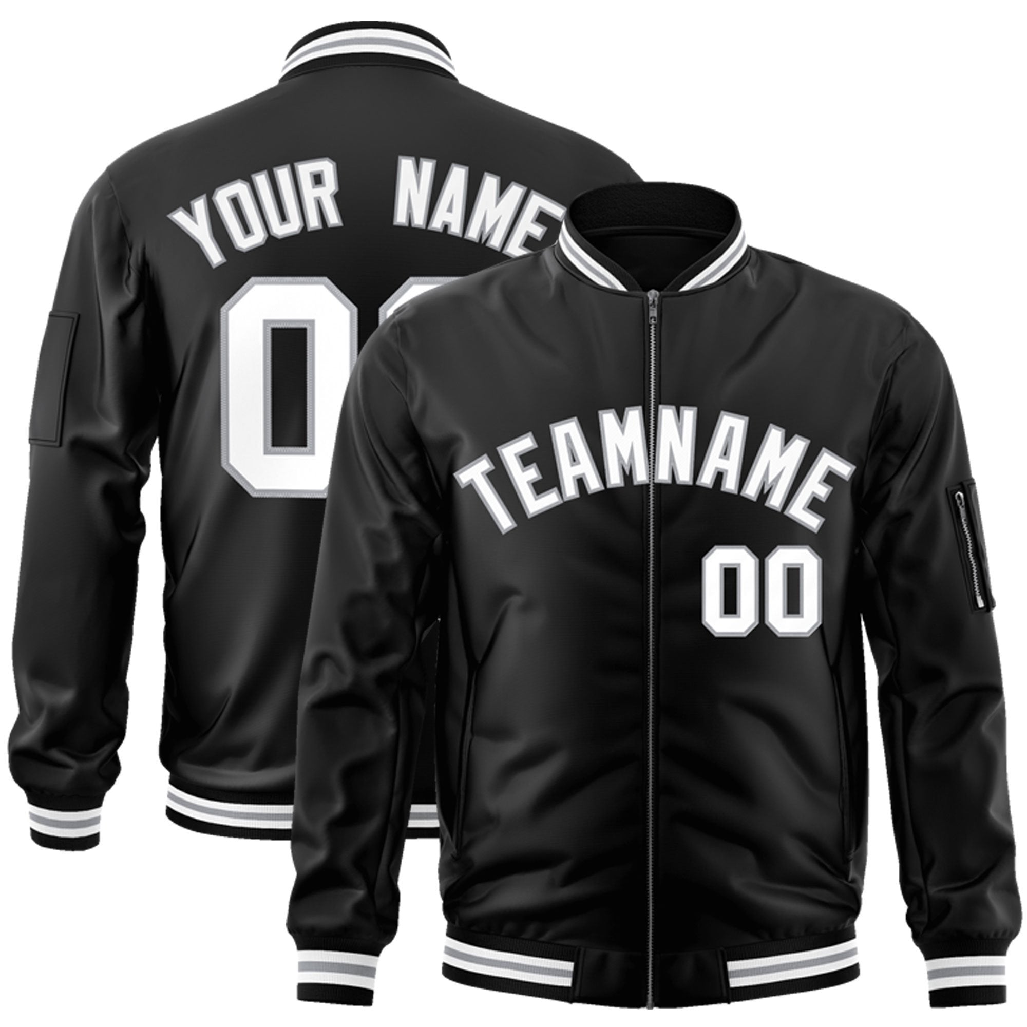 Custom Black White-Gray Varsity Full-Zip Letterman Bomber Jacket