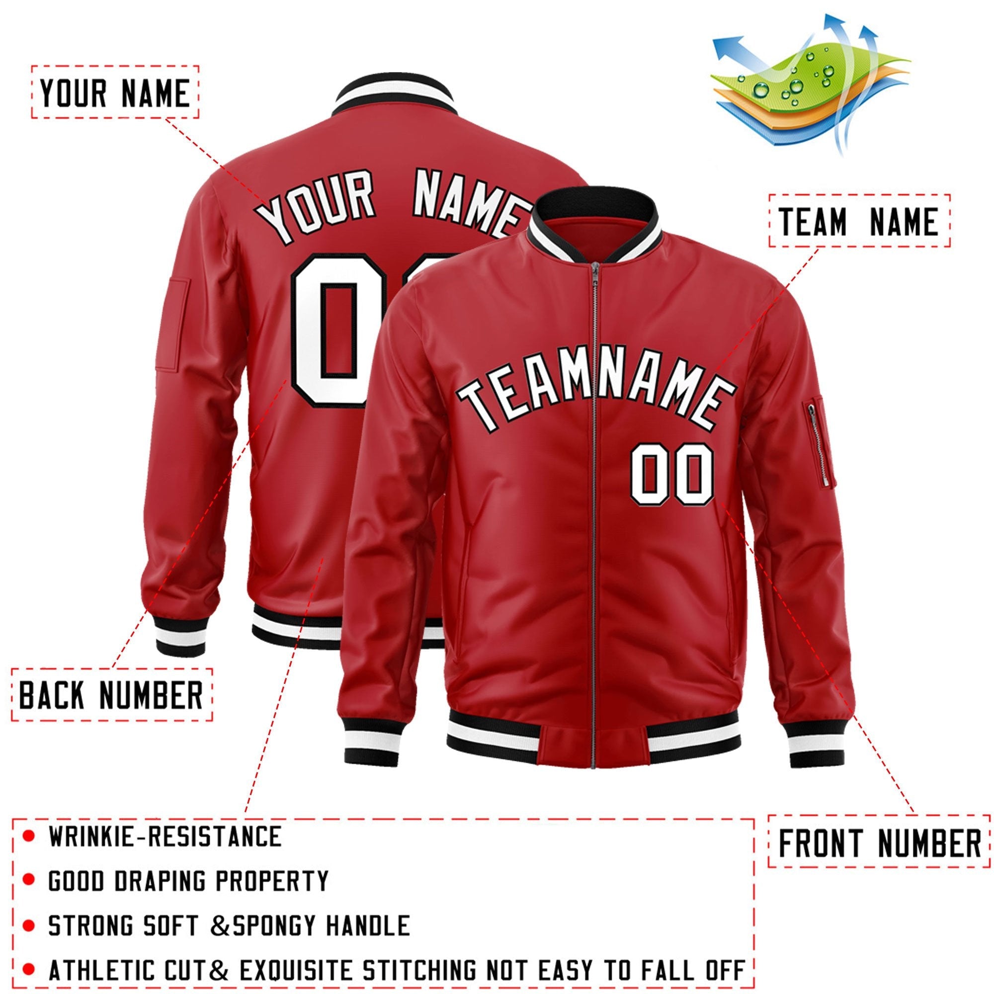 Custom Red White-Black Varsity Full-Zip Letterman Bomber Jacket