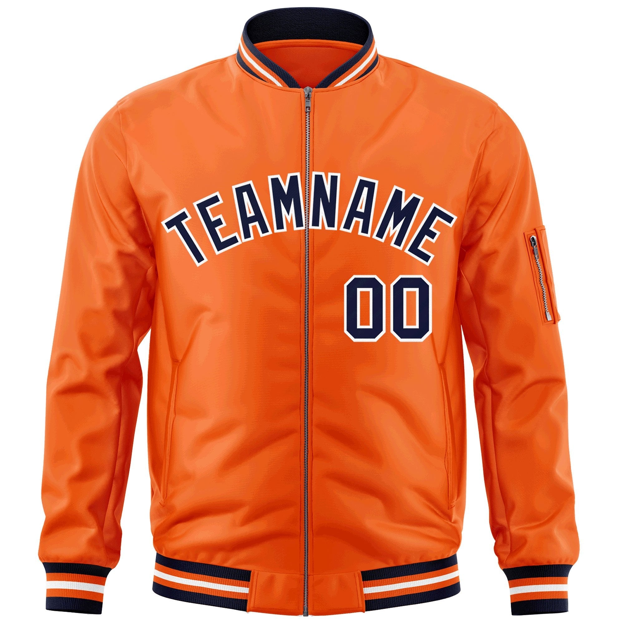 Custom Orange Navy-White Varsity Full-Zip Letterman Bomber Jacket