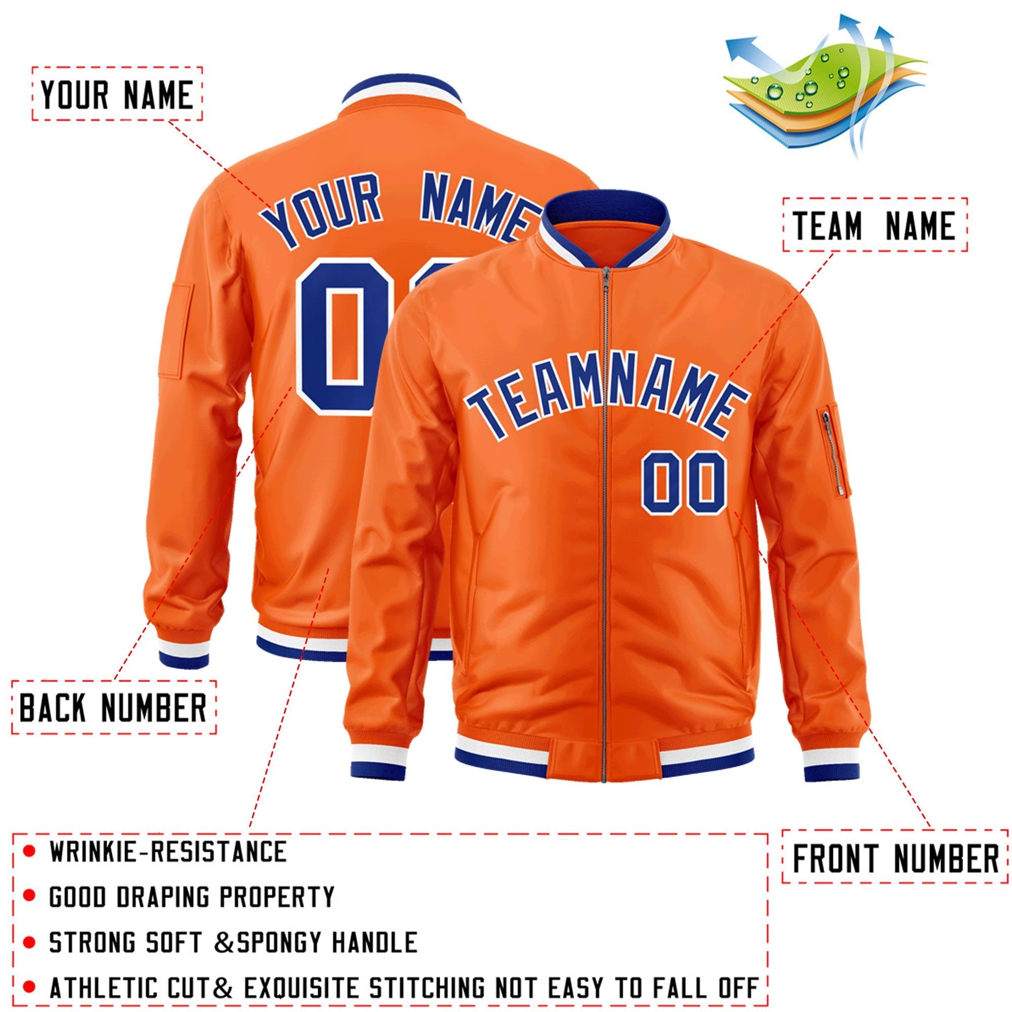 Custom Orange Royal-White Varsity Full-Zip Letterman Bomber Jacket