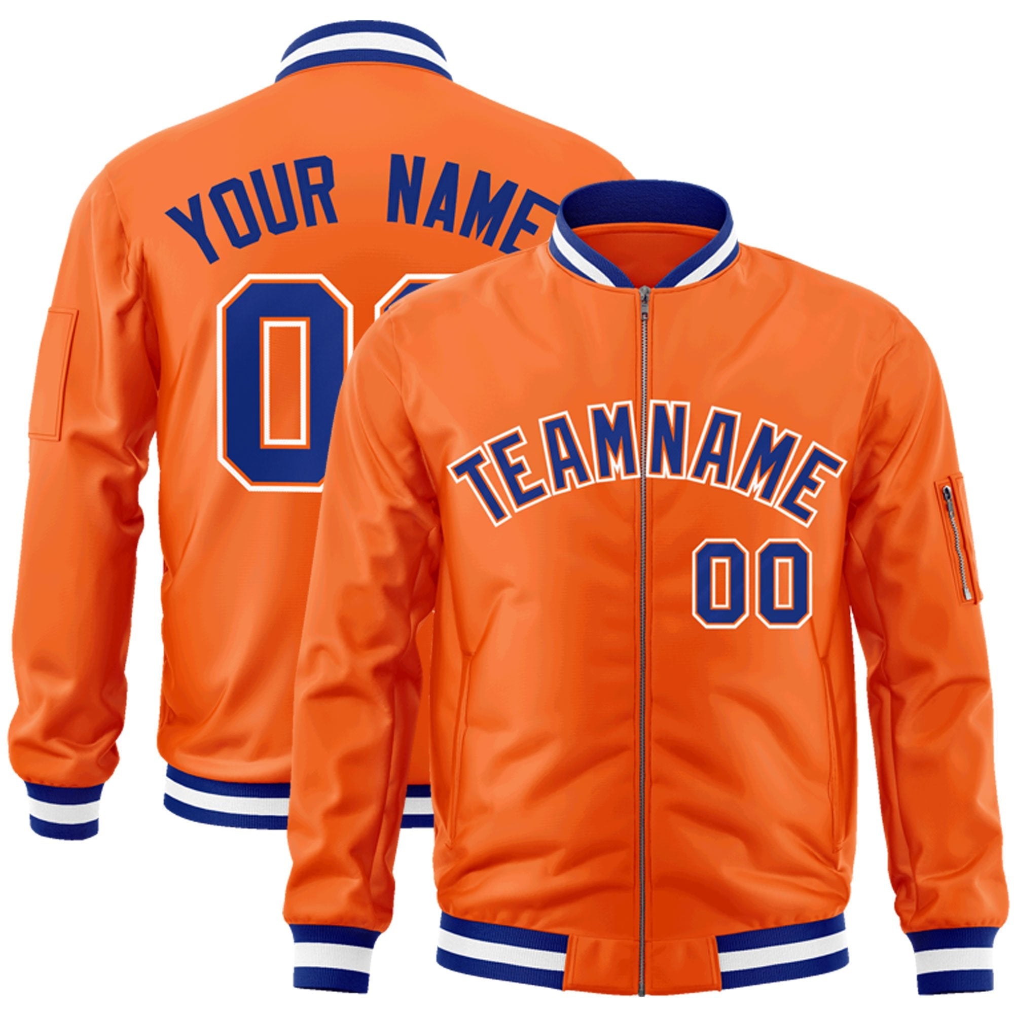 Custom Orange Royal-White Varsity Full-Zip Letterman Bomber Jacket