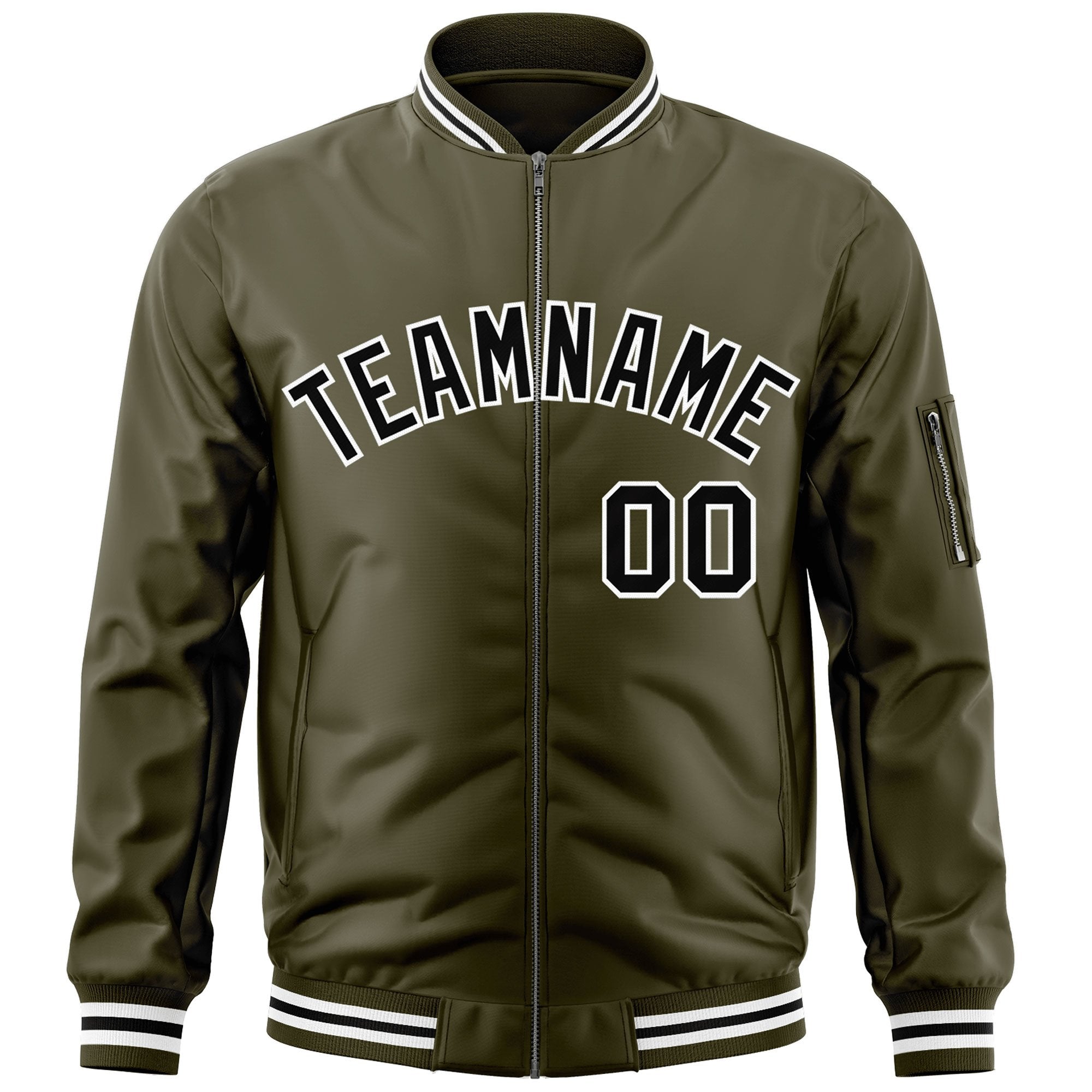 Custom Olive Black-White Varsity Full-Zip Letterman Bomber Jacket