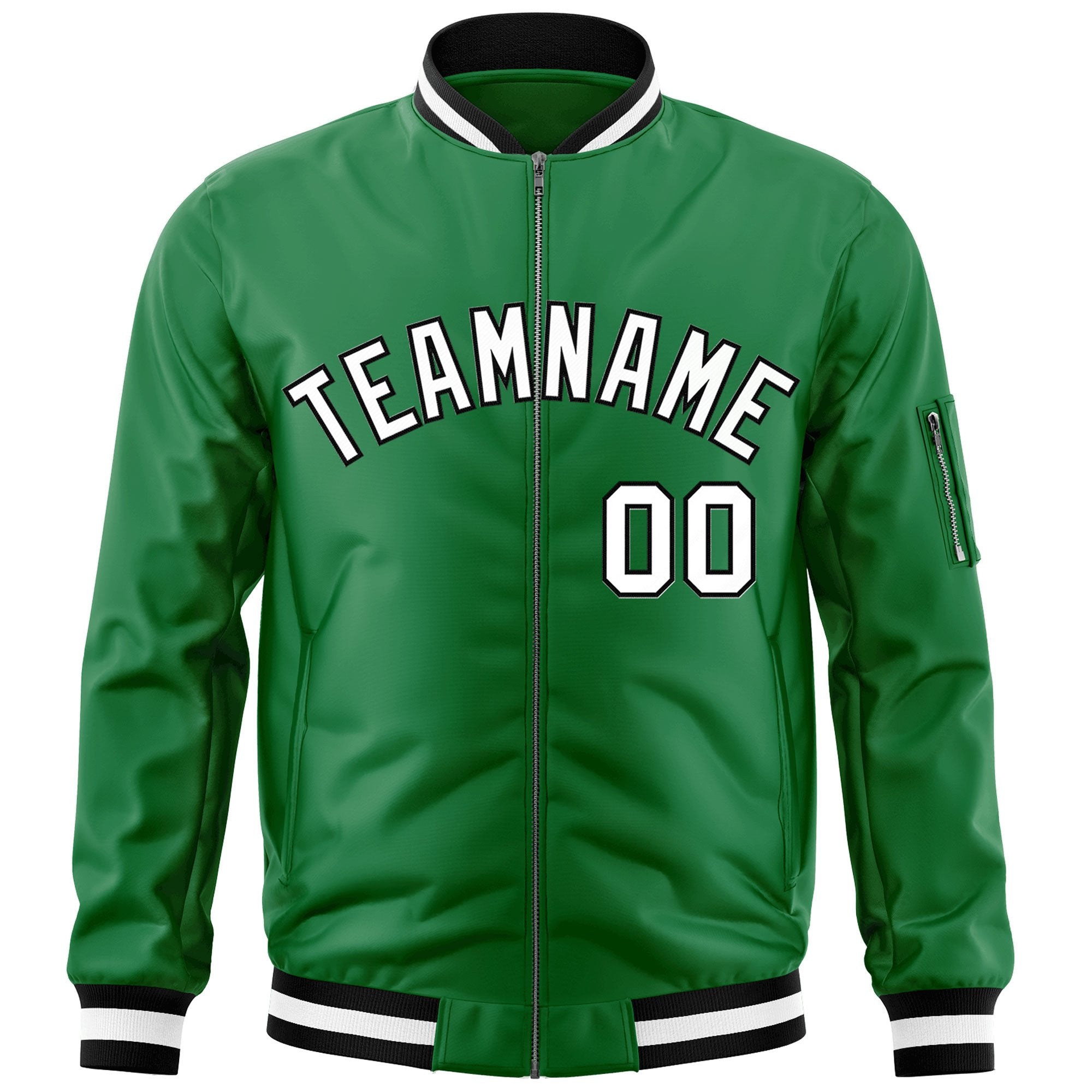 Custom Kelly Green White-Black Varsity Full-Zip Letterman Bomber Jacket