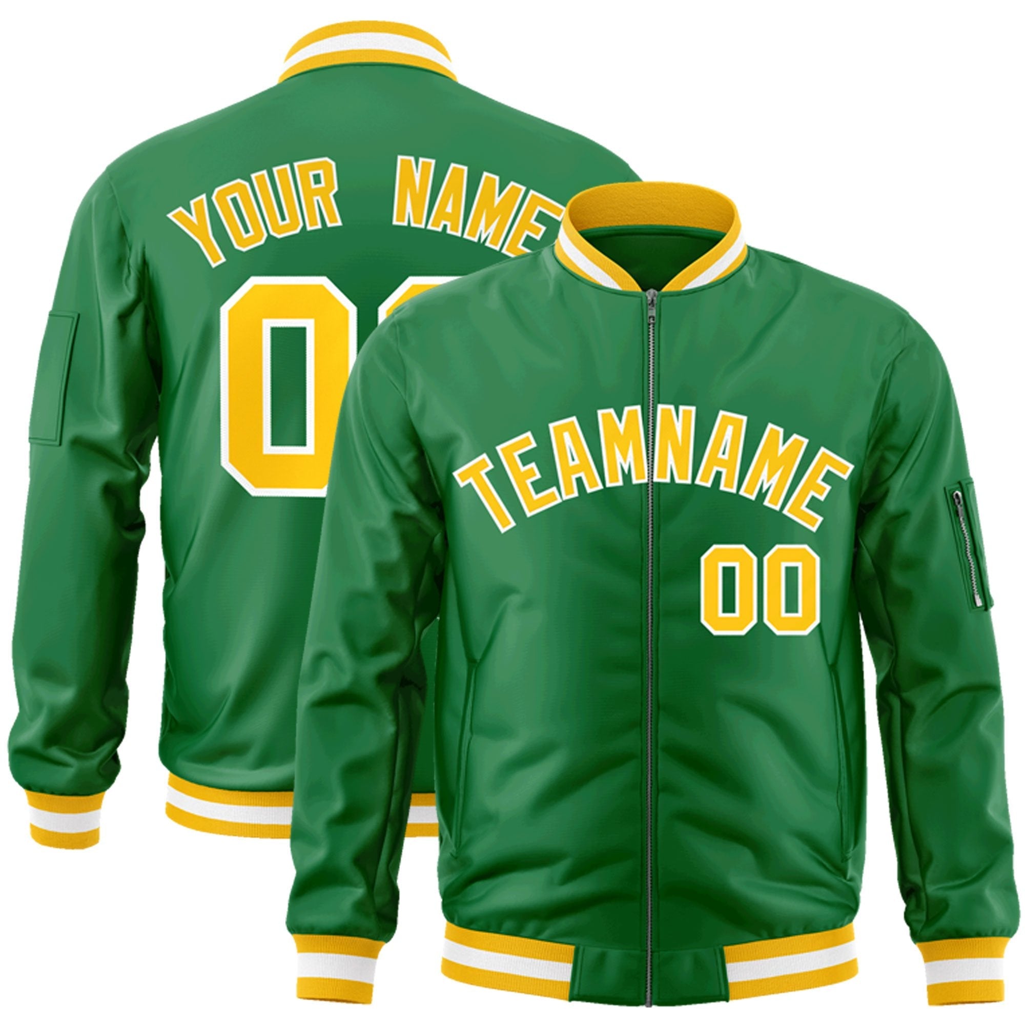 Custom Kelly Green Gold-White Varsity Full-Zip Letterman Bomber Jacket