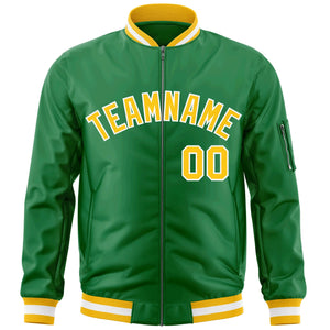 Custom Kelly Green Gold-White Varsity Full-Zip Letterman Bomber Jacket