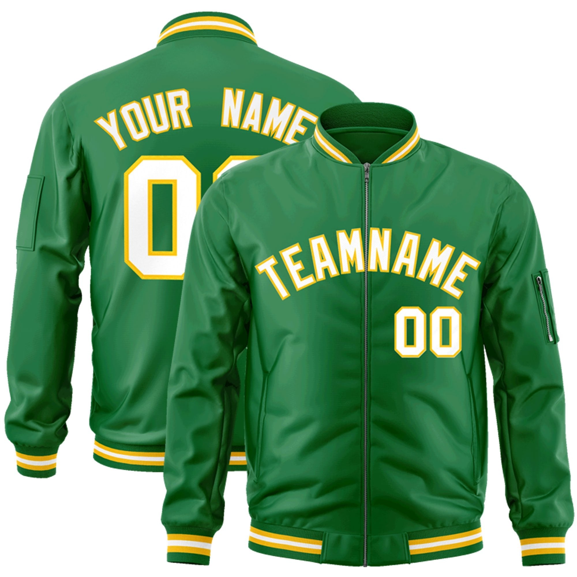 Custom Kelly Green White-Gold Varsity Full-Zip Letterman Bomber Jacket