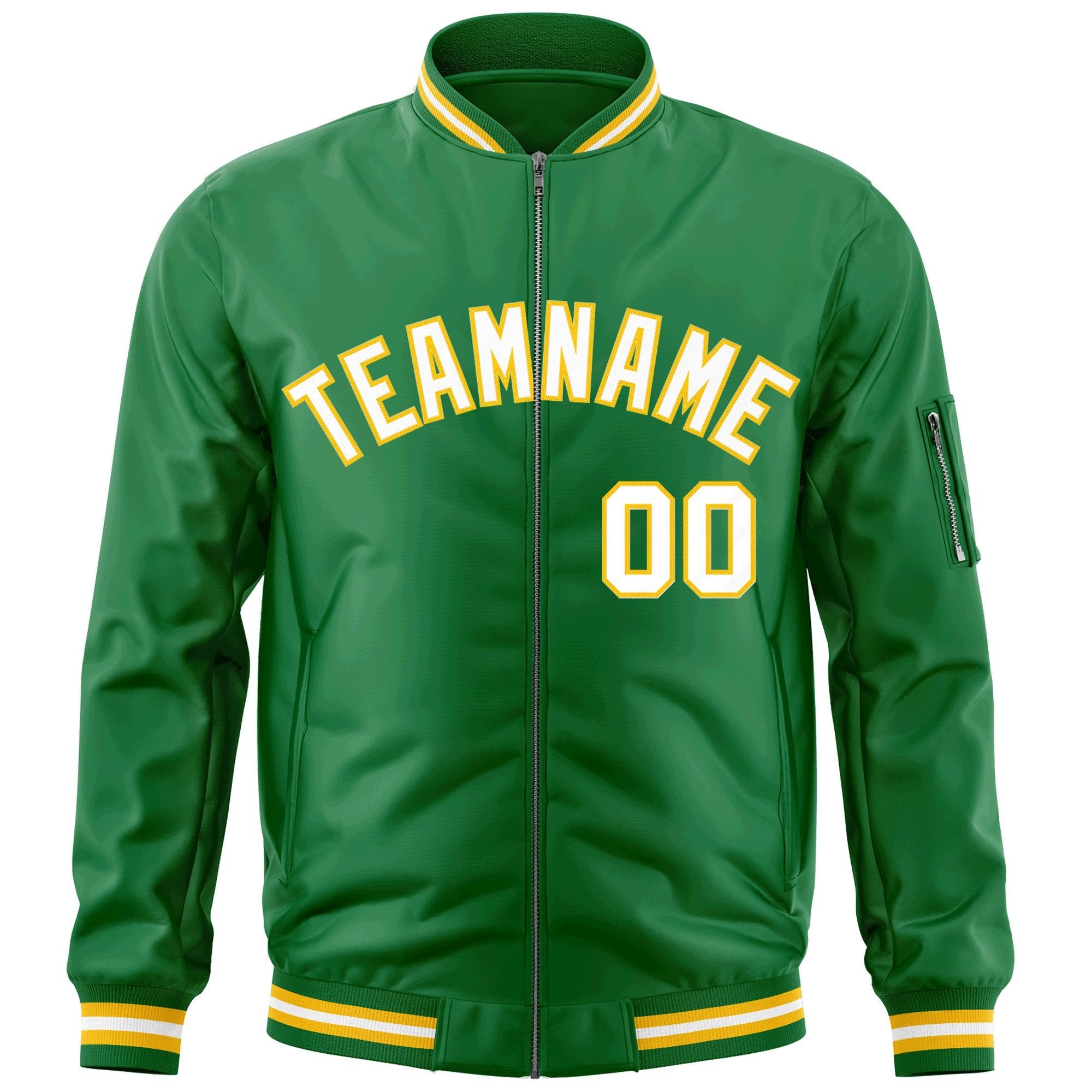 Custom Kelly Green White-Gold Varsity Full-Zip Letterman Bomber Jacket