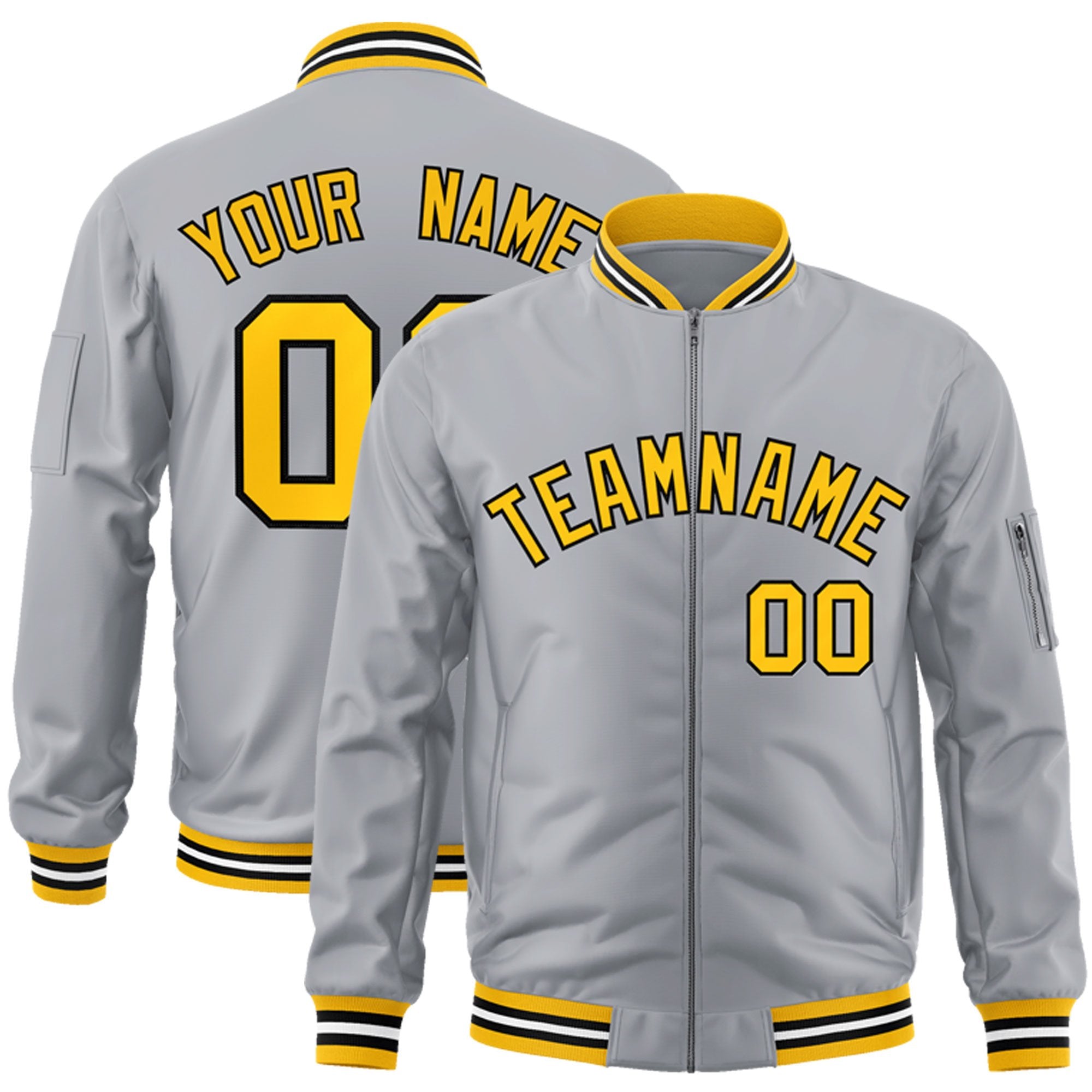 Custom Gray Gold-Black Varsity Full-Zip Letterman Bomber Jacket