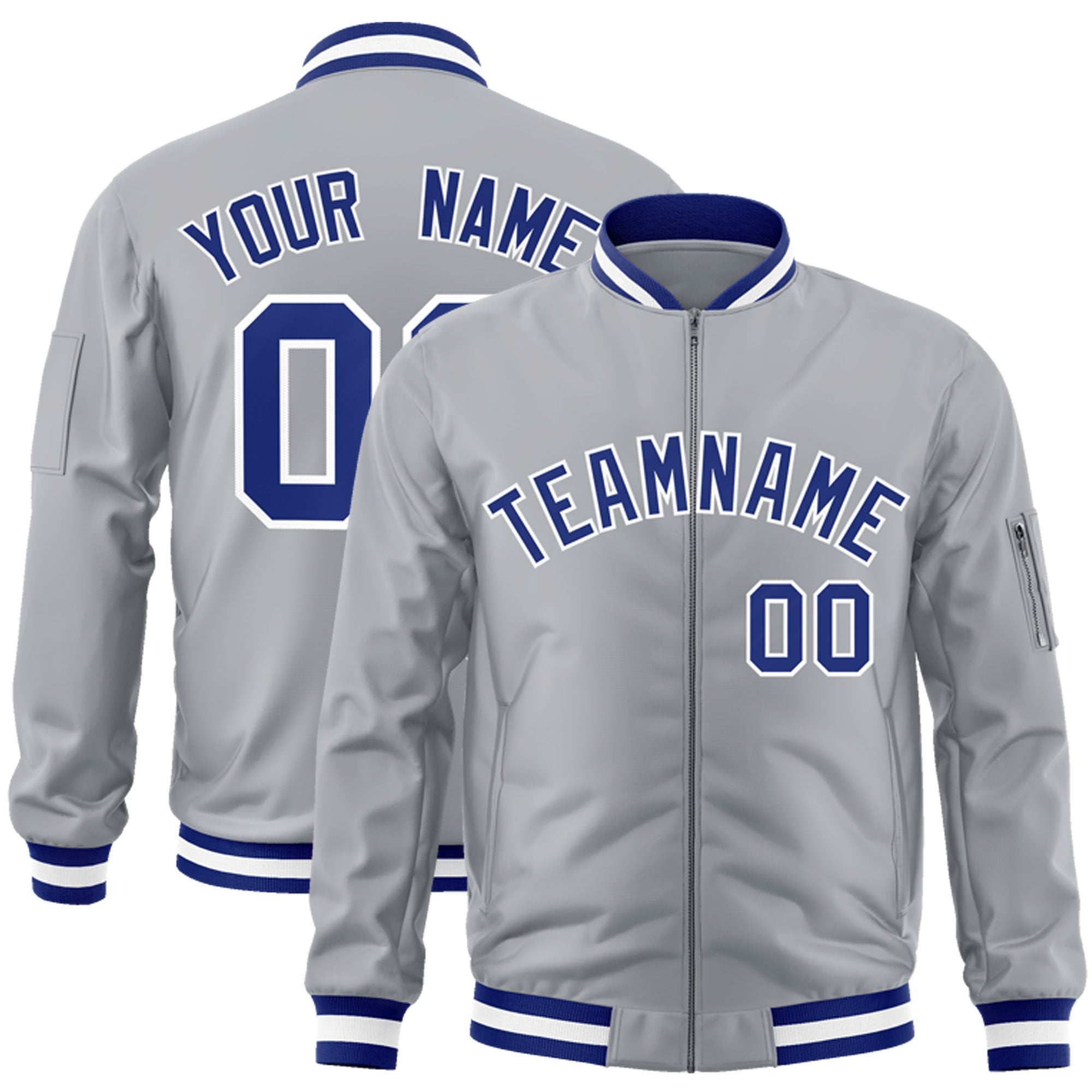 Custom Gray Royal-White Varsity Full-Zip Letterman Bomber Jacket