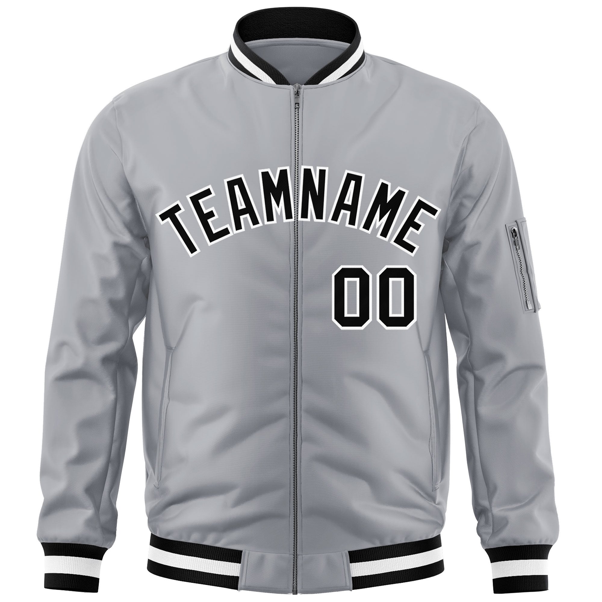 Custom Gray Black-White Varsity Full-Zip Letterman Bomber Jacket