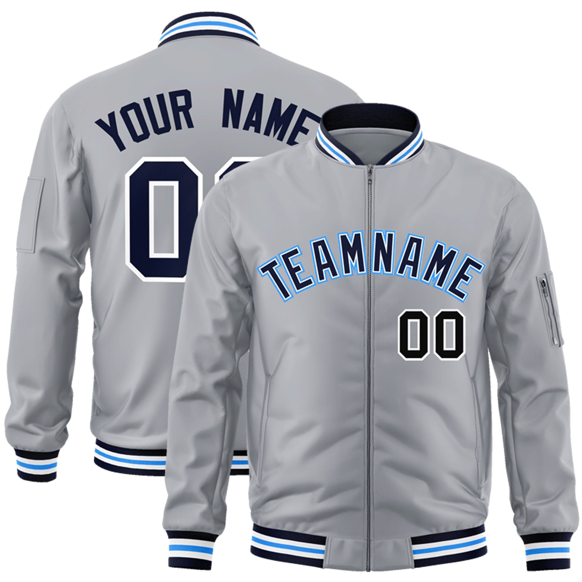 Custom Gray Navy-Powder Blue Varsity Full-Zip Letterman Bomber Jacket