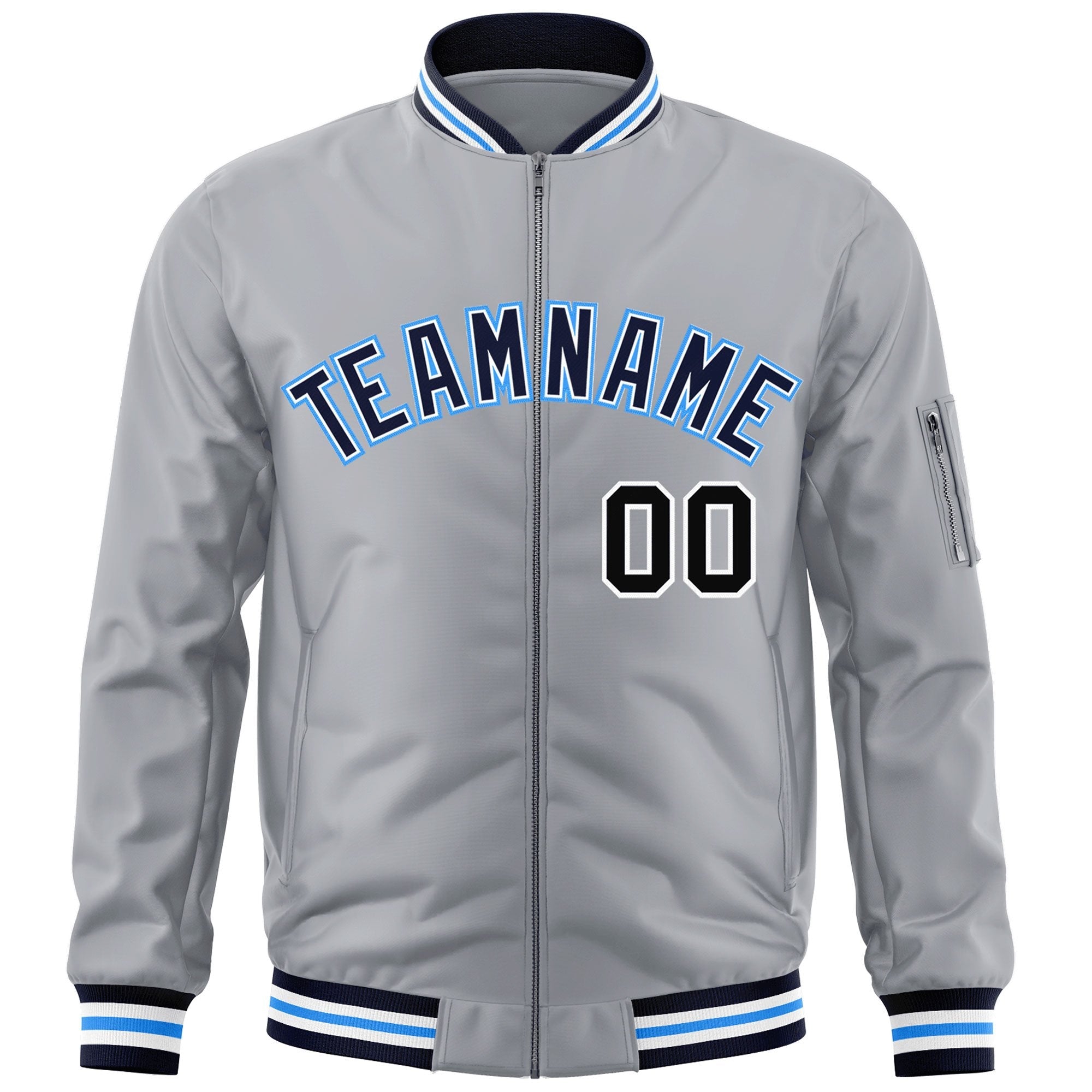 Custom Gray Navy-Powder Blue Varsity Full-Zip Letterman Bomber Jacket