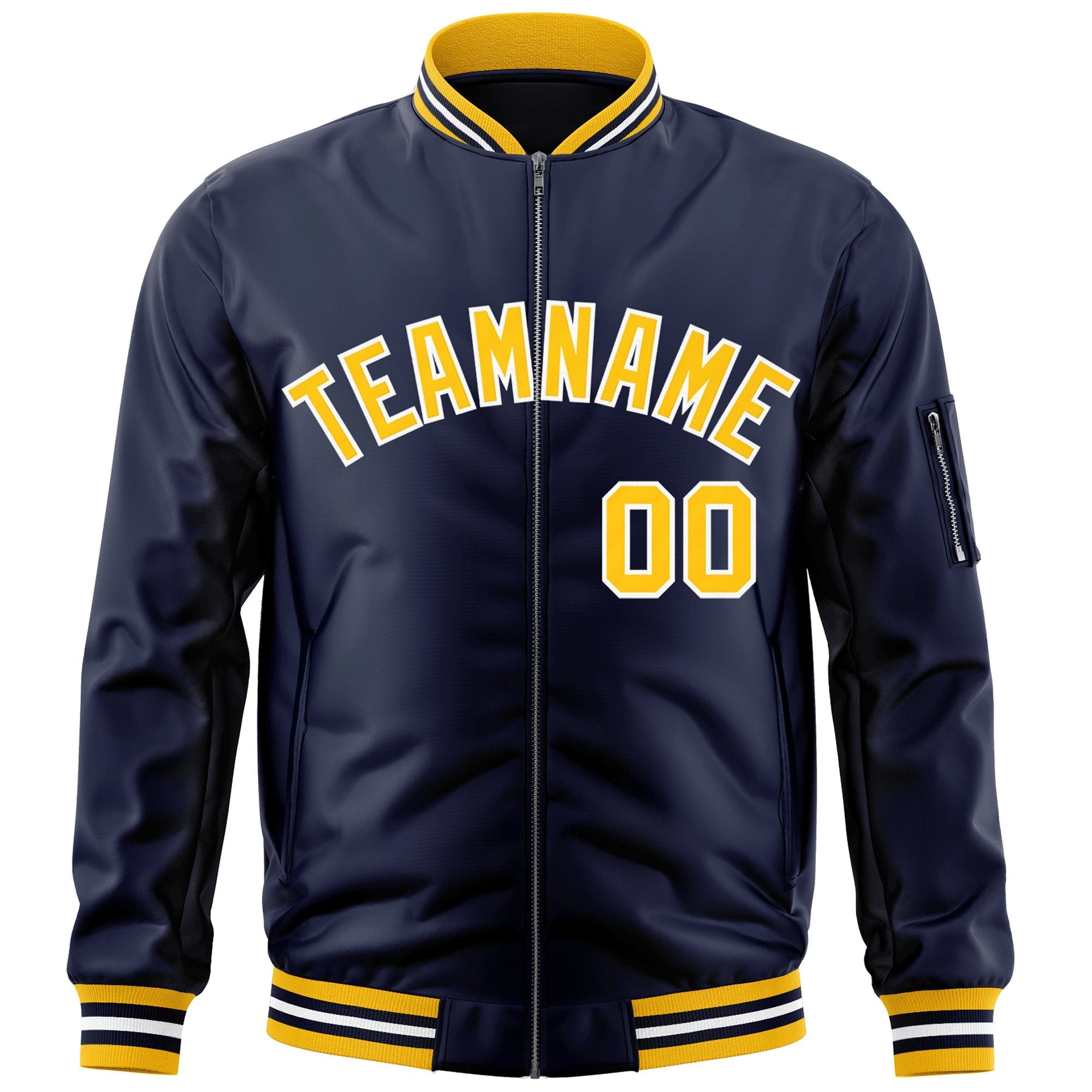 Custom Navy Gold-White Varsity Full-Zip Letterman Bomber Jacket