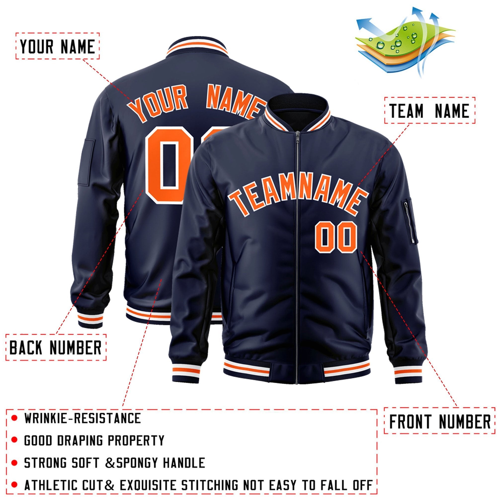 Custom Navy Orange-White Varsity Full-Zip Letterman Bomber Jacket