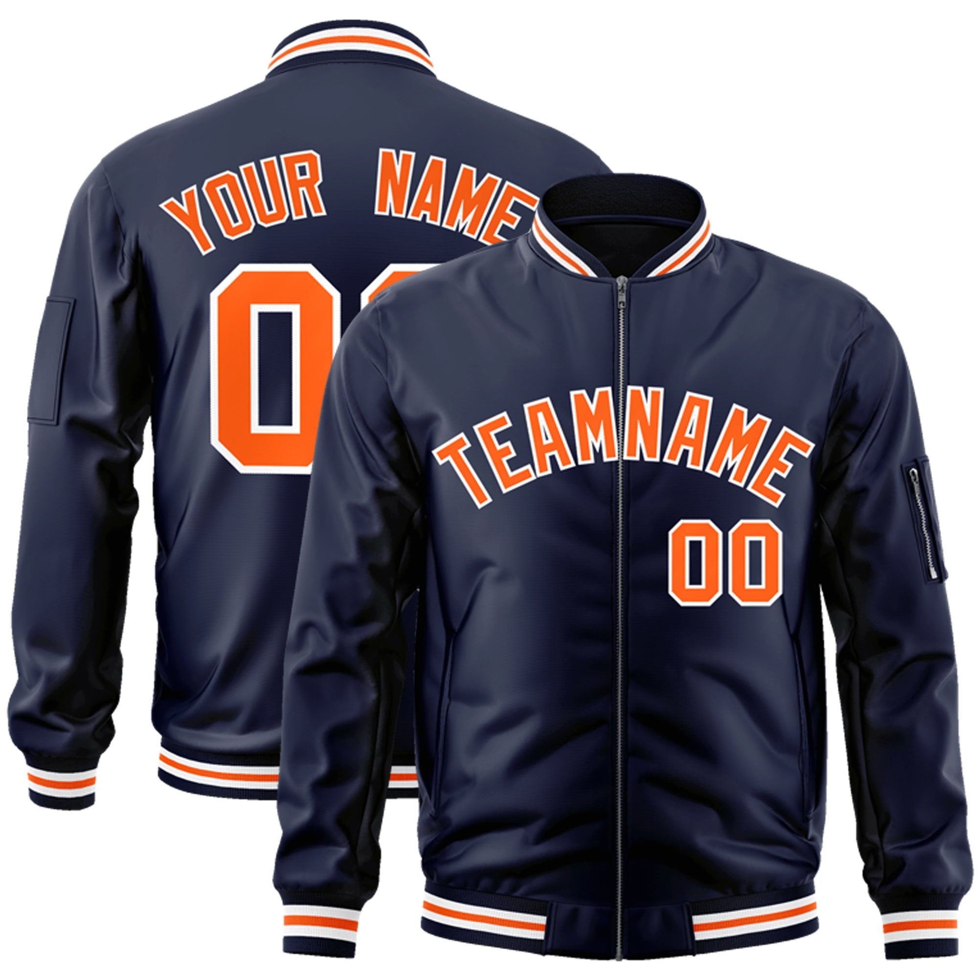 Custom Navy Orange-White Varsity Full-Zip Letterman Bomber Jacket