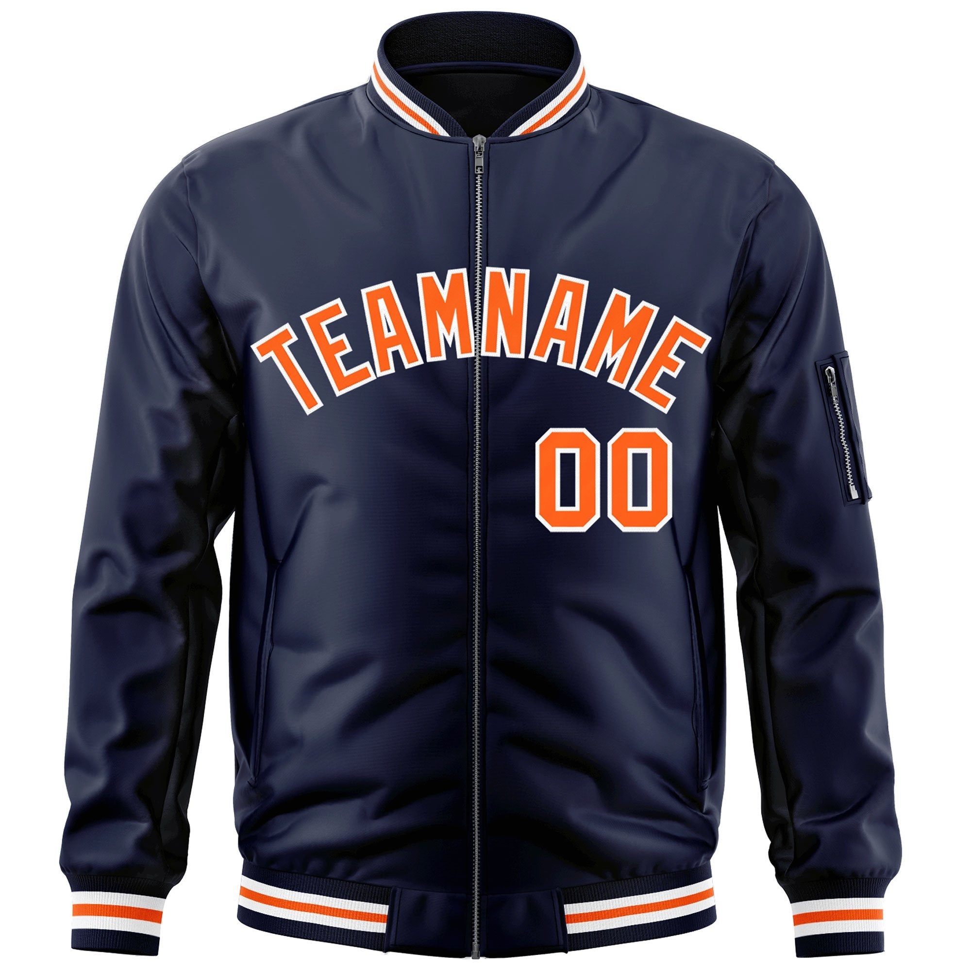 Custom Navy Orange-White Varsity Full-Zip Letterman Bomber Jacket